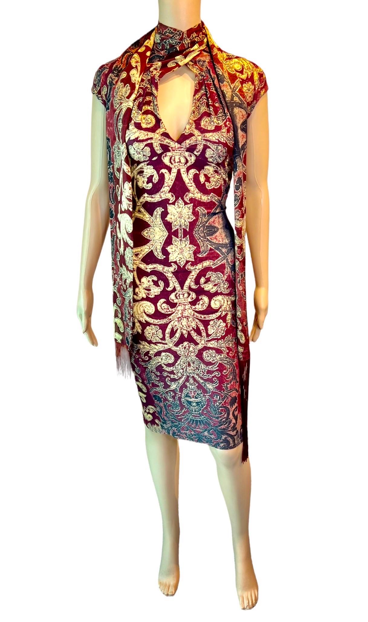 Roberto Cavalli FW 2004 Runway Red Gold Brocade Print Bodycon Fringe Scarf Dress For Sale 5