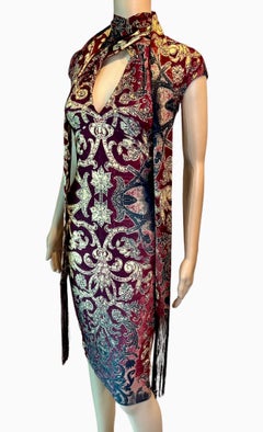 Roberto Cavalli FW 2004 Runway Red Gold Brocade Print Bodycon Fringe Scarf Dress