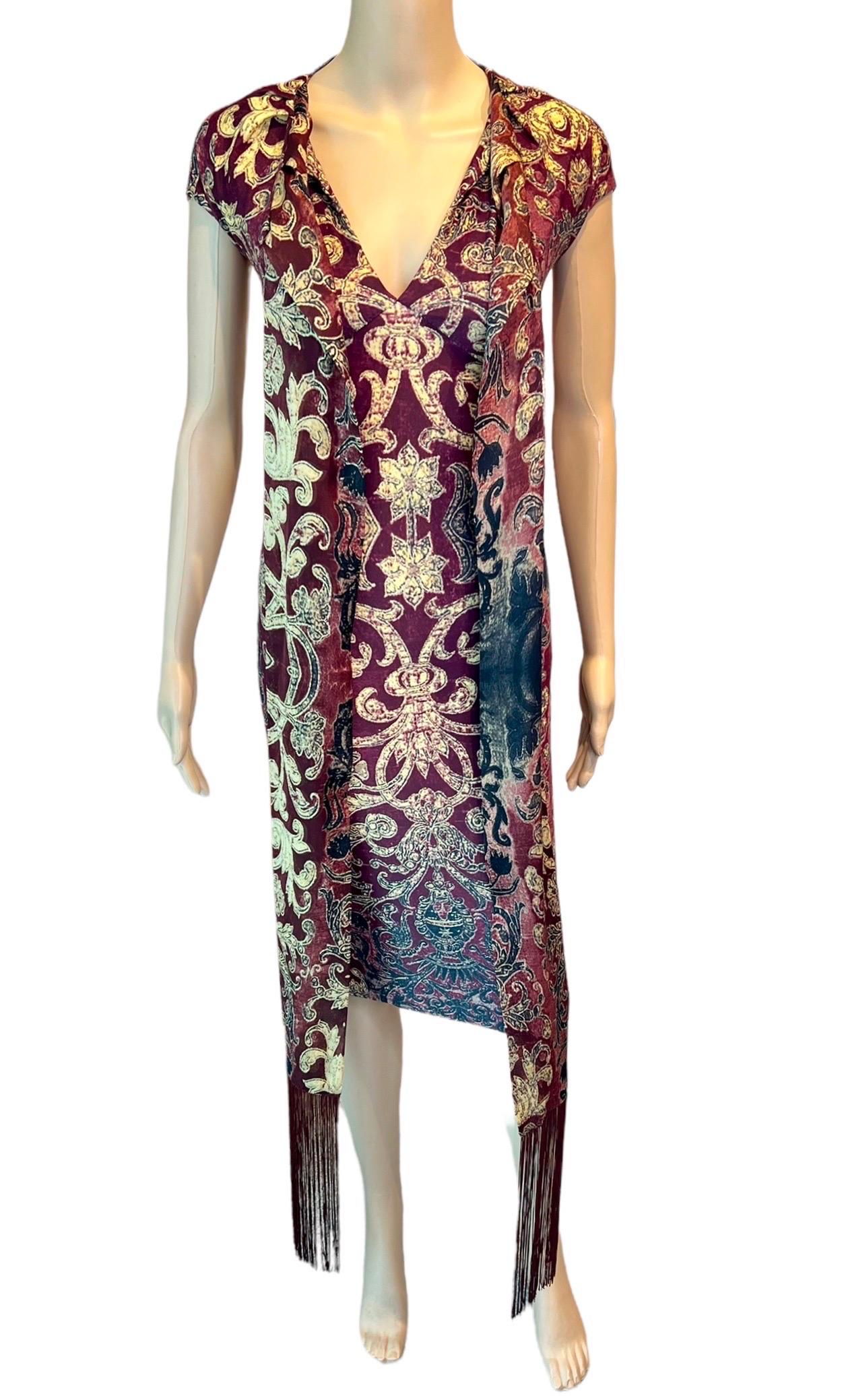 Brown Roberto Cavalli FW 2004 Runway Red Gold Brocade Print Bodycon Fringe Scarf Dress For Sale