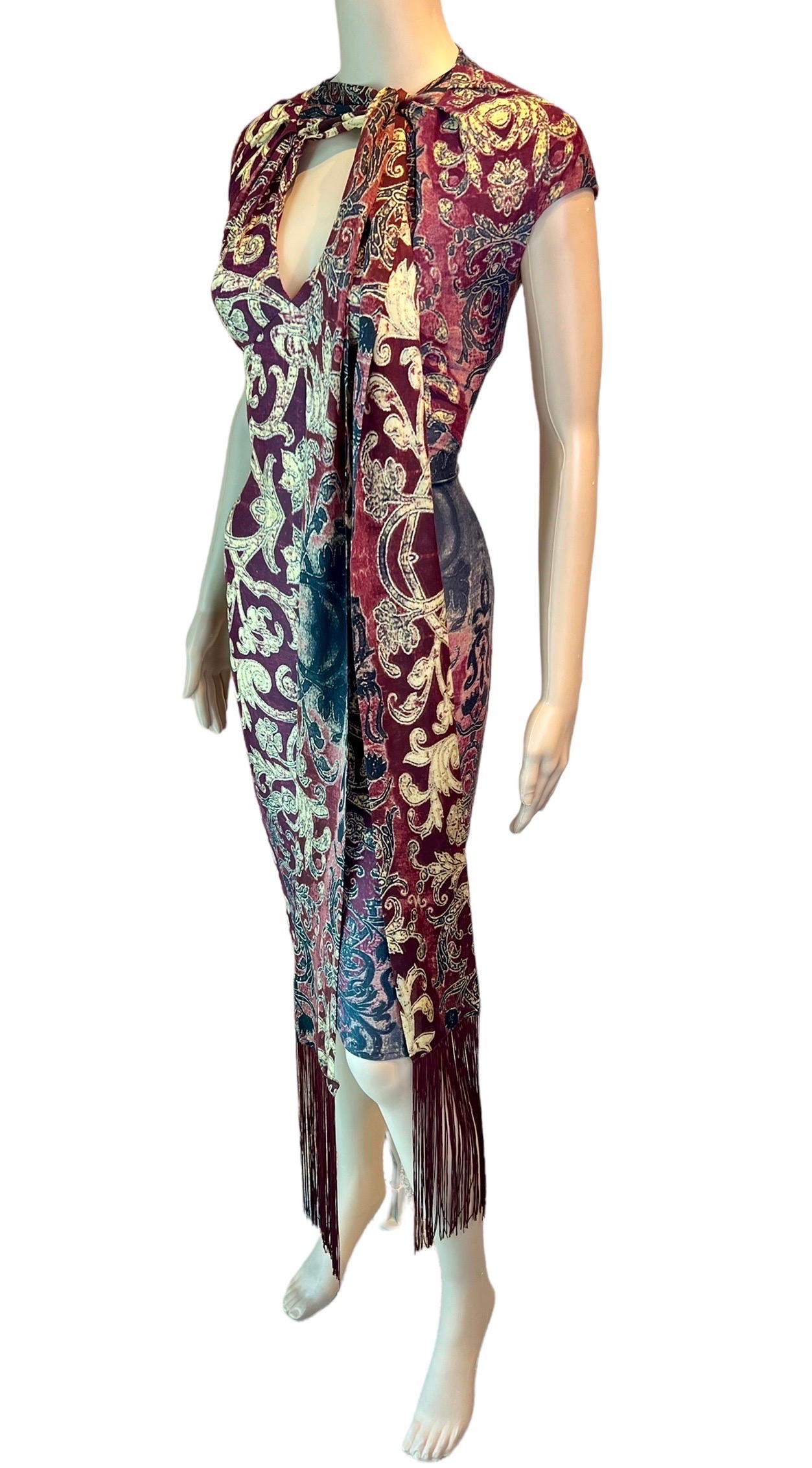 Women's Roberto Cavalli FW 2004 Runway Red Gold Brocade Print Bodycon Fringe Scarf Dress For Sale