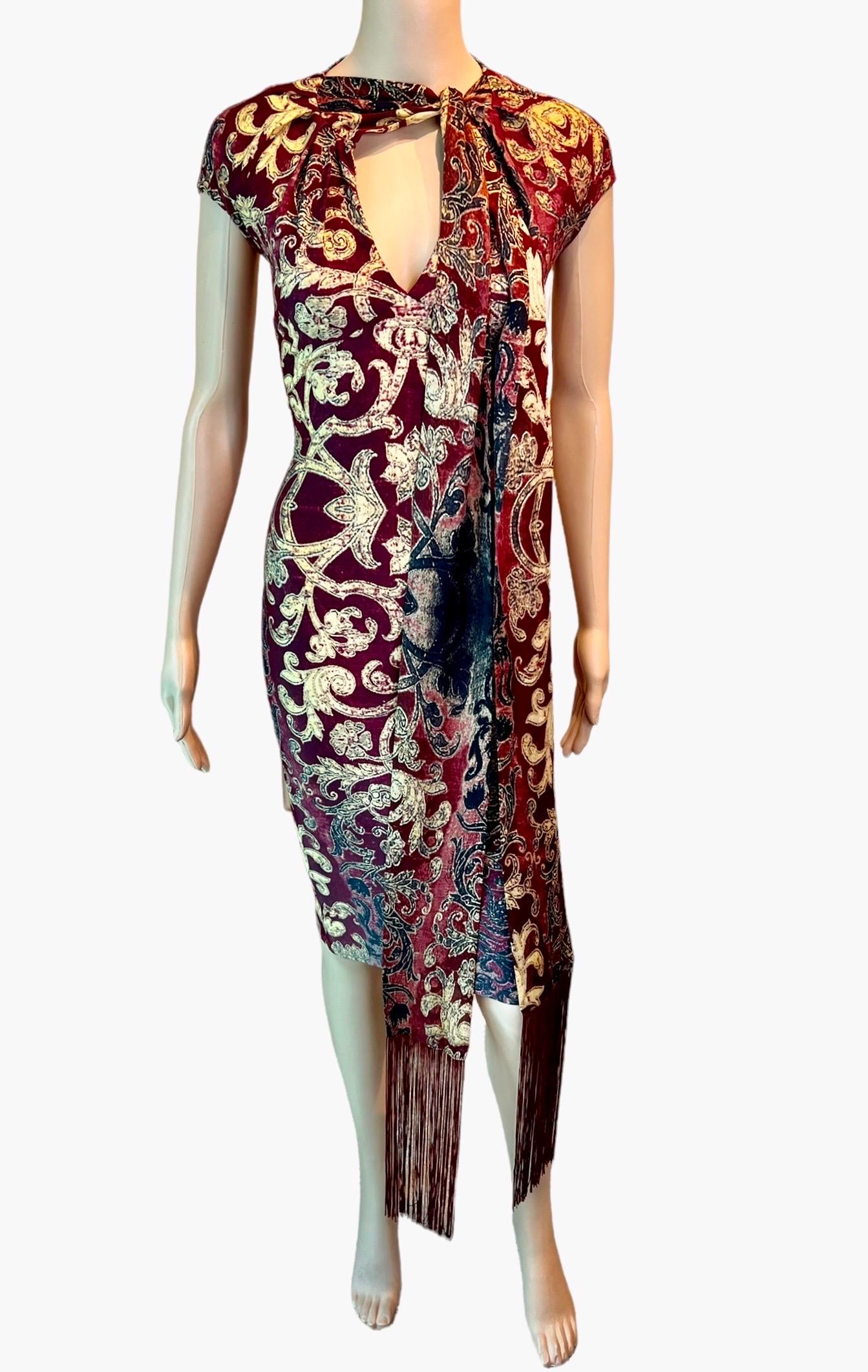 Roberto Cavalli FW 2004 Runway Red Gold Brocade Print Bodycon Fringe Scarf Dress For Sale 1