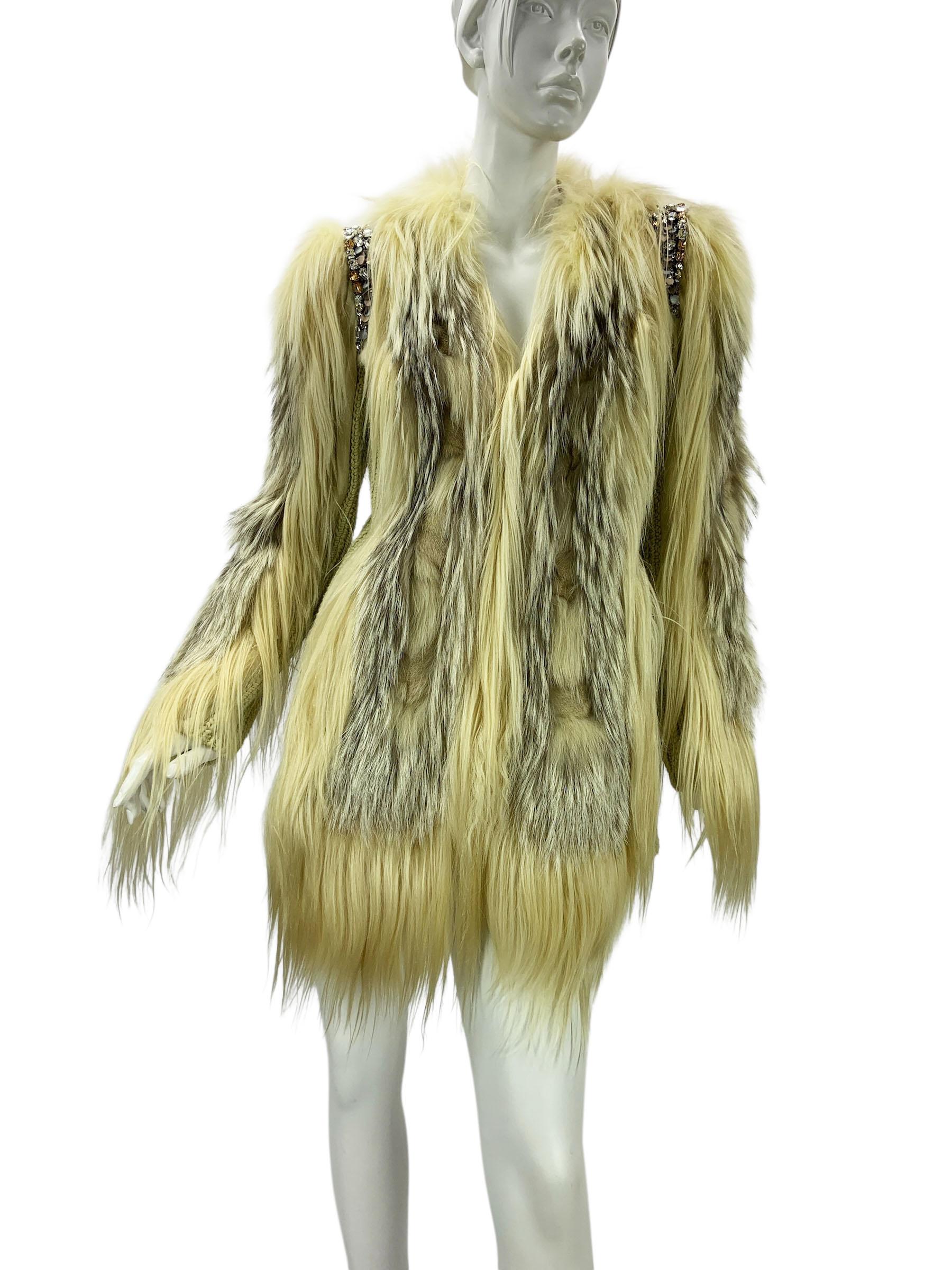 Roberto Cavalli FW 2011 Leder Ziegenfuchsfell Wolle Kristallverzierte Jacke 42 (Braun) im Angebot