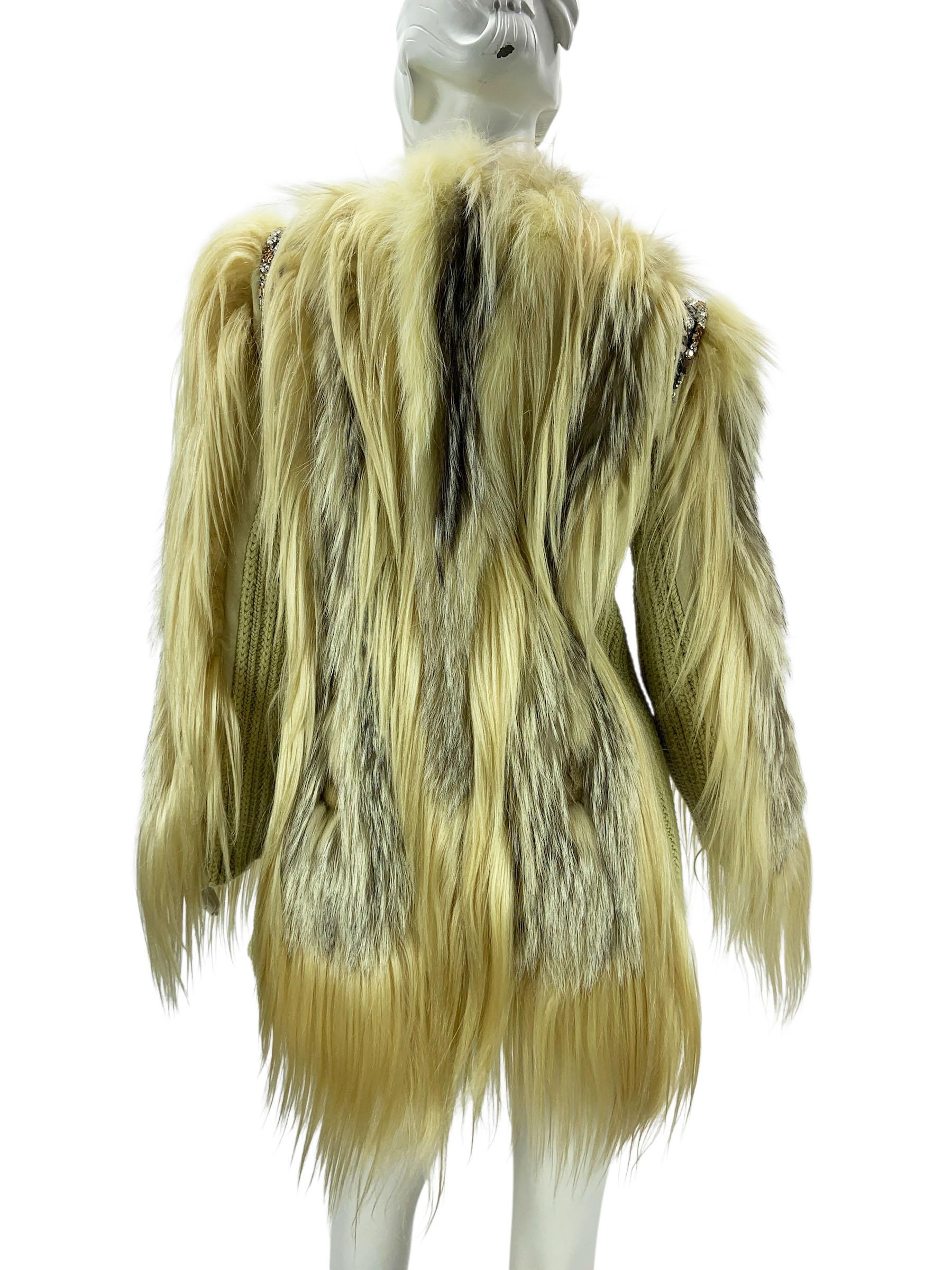 Roberto Cavalli FW 2011 Leder Ziegenfuchsfell Wolle Kristallverzierte Jacke 42 im Angebot 3