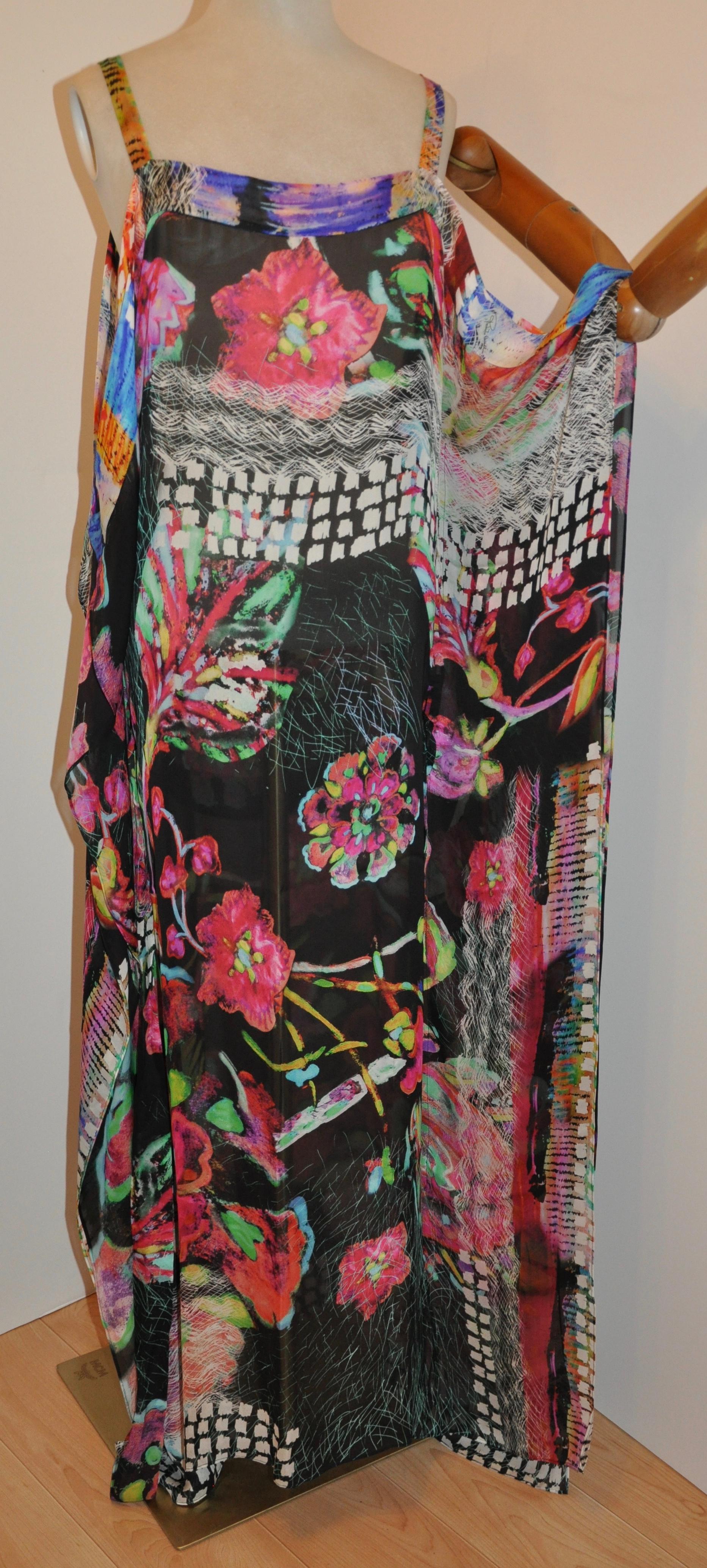        Roberto Cavalli wonderfully glorious flowing multicolor floral caftan-like maxi coverup has an optional self-tie if desire. The belt measures 68 inches in length. Thee total length measures 54 1/2 inches, width measures 76 inches in