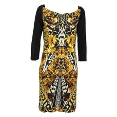 Roberto Cavalli Gold and Black Floral Printed Jersey Dress M