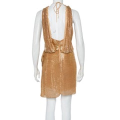 Roberto Cavalli Gold Bead Embellished Silk Overlay Belted Detail Mini Dress S