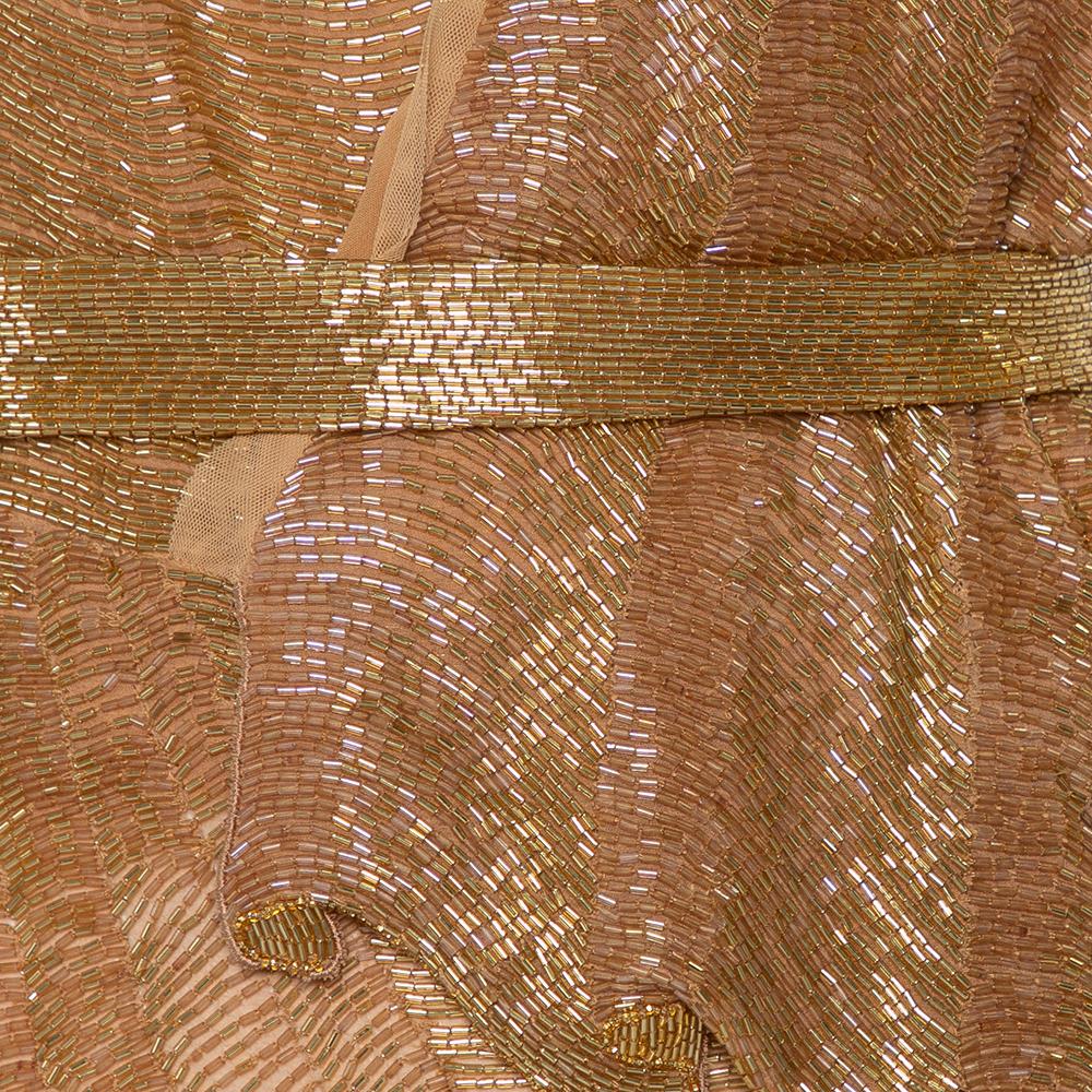 Roberto Cavalli Gold Bead Embellished Silk Overlay Belted Detail Mini Dress S In Excellent Condition In Dubai, Al Qouz 2