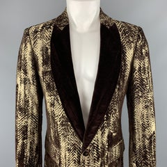 ROBERTO CAVALLI Gold & Brown Velvet Jacquard Shawl Collar Sport Coat