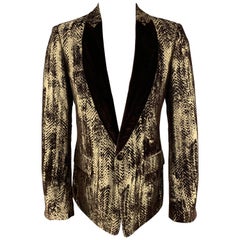 ROBERTO CAVALLI Gold & Brown Velvet Jacquard Shawl Collar Sport Coat