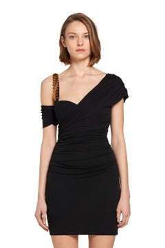 Roberto Cavalli Gold Chain Strap Black Asymmetric Ruched Cocktail Dress Size 40