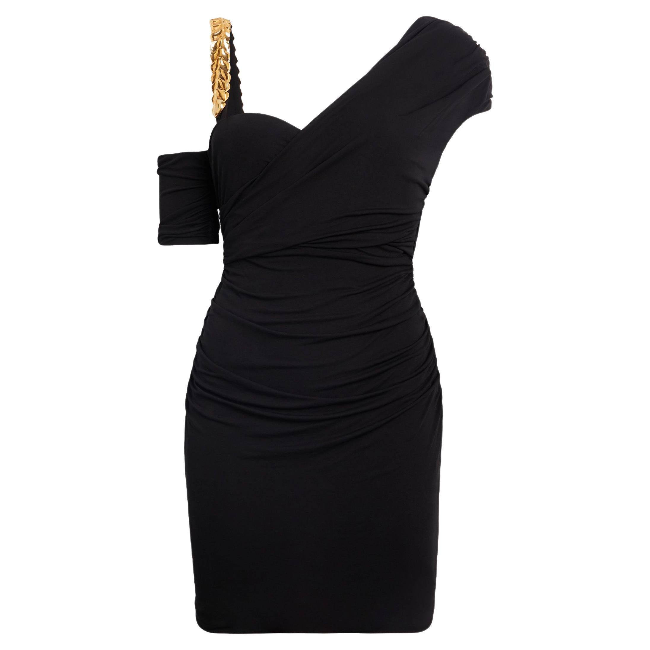 Roberto Cavalli Gold Chain Strap Black Asymmetric Ruched Cocktail Dress Size 40 For Sale