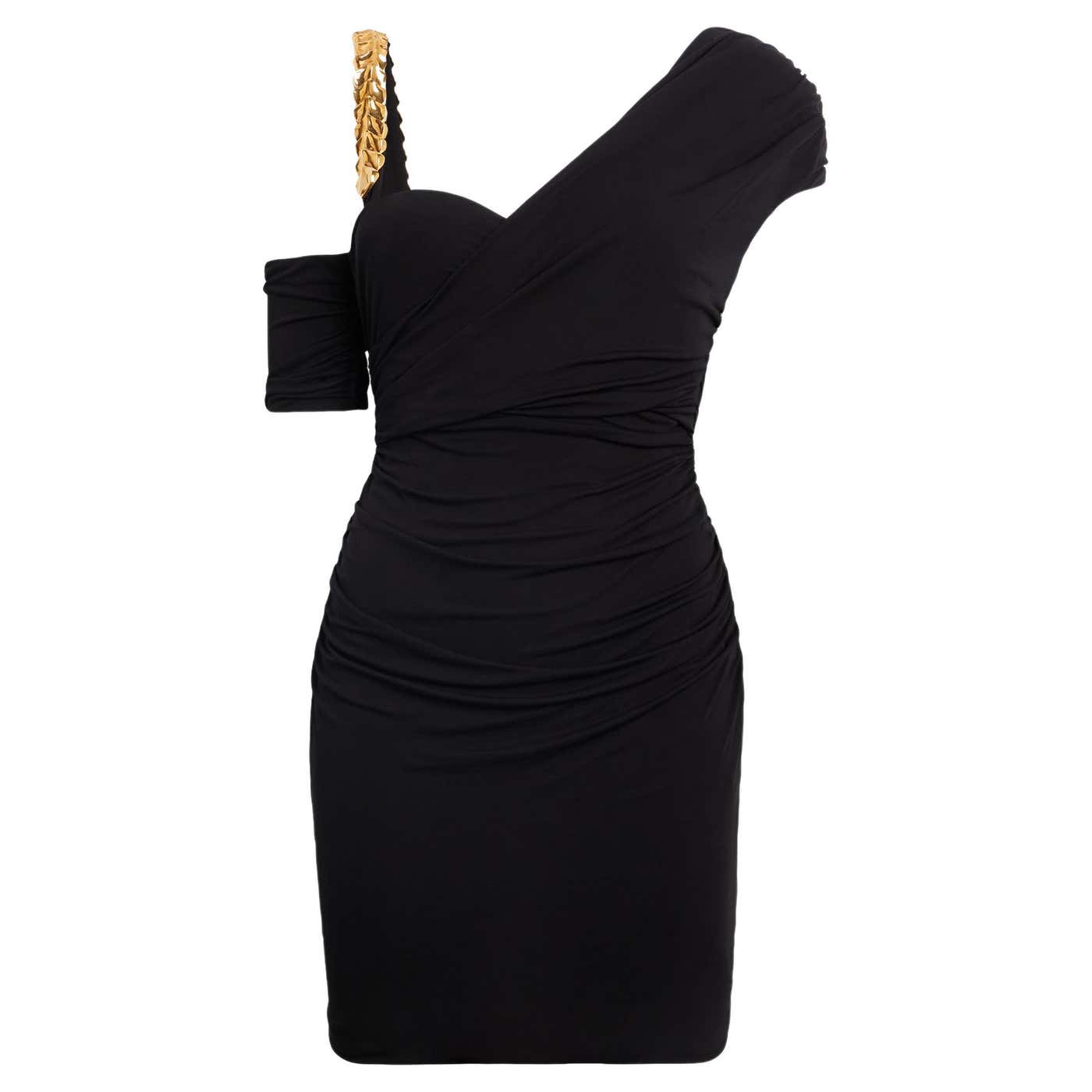 Roberto Cavalli Gold Chain Strap Black Asymmetric Ruched Cocktail Dress ...
