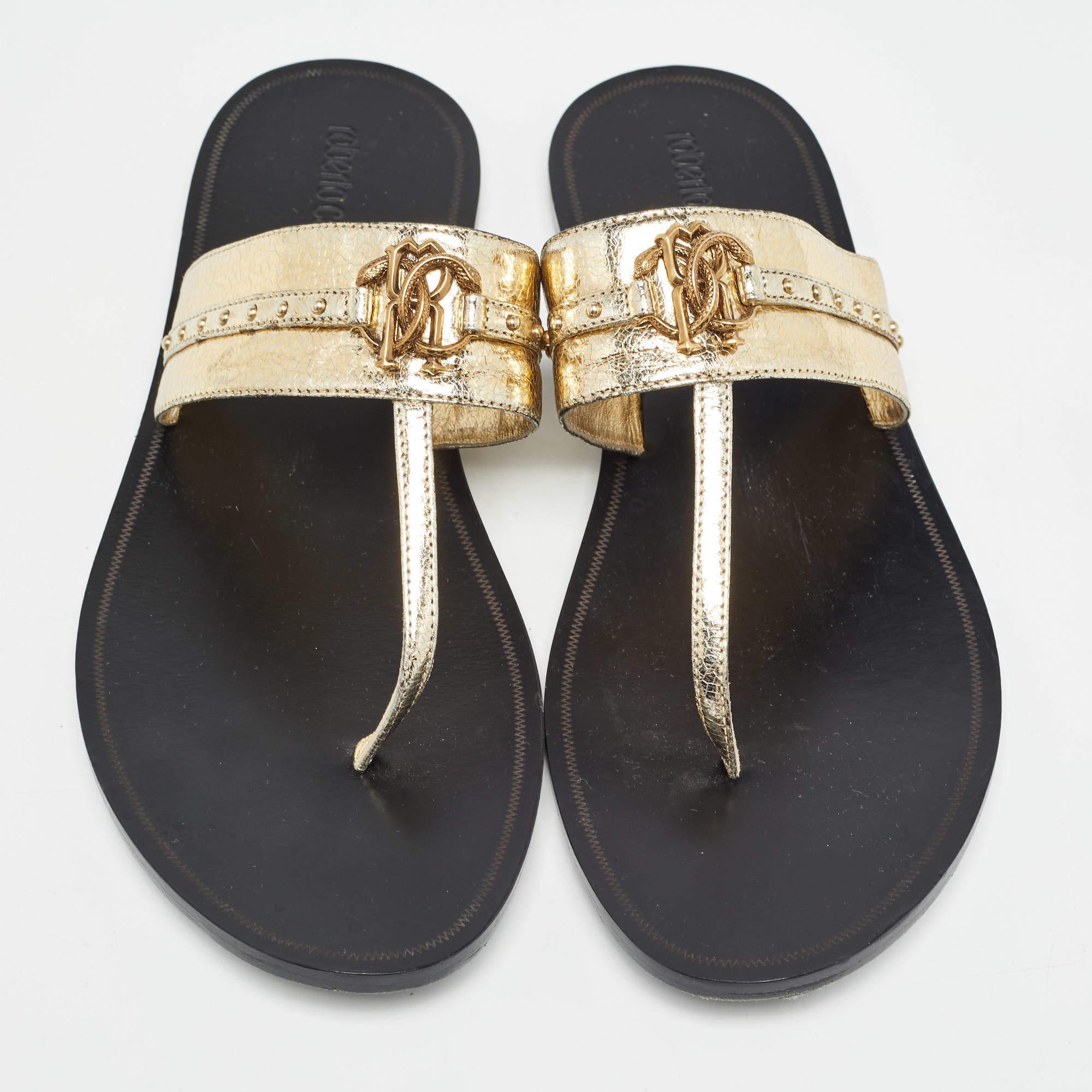 Gray Roberto Cavalli Gold Crackled Leather Flat Slides Size 40 For Sale