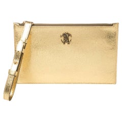 Roberto Cavalli Gold Crackled Leather Zip Pouch