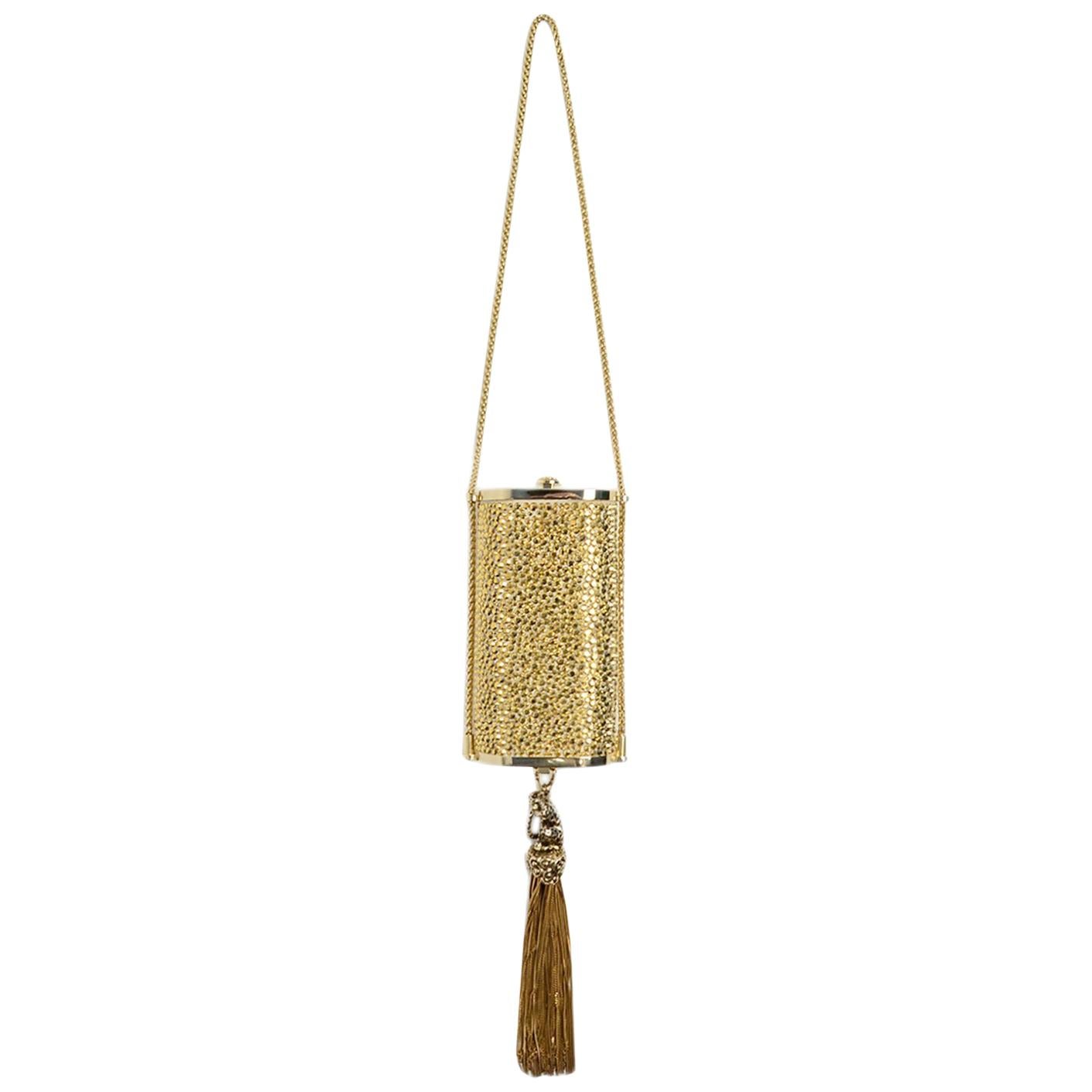 Roberto Cavalli Gold Crystal Encrusted Tassel Box Minaudiere Evening Bag