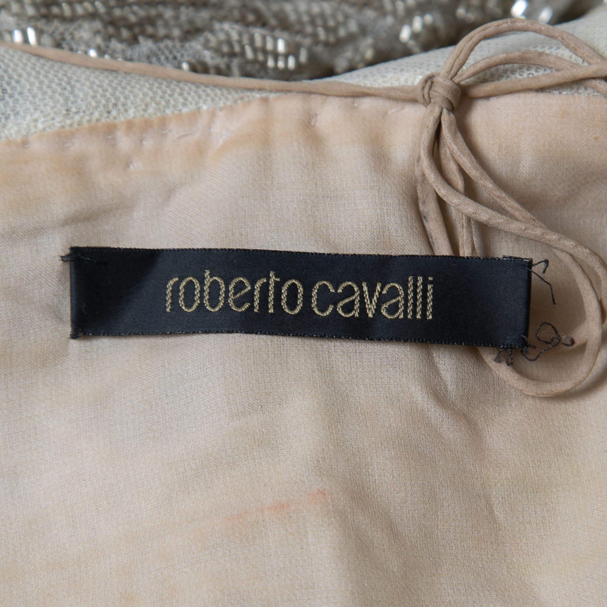 Brown Roberto Cavalli Gold Embellished Silk Mini Dress S For Sale