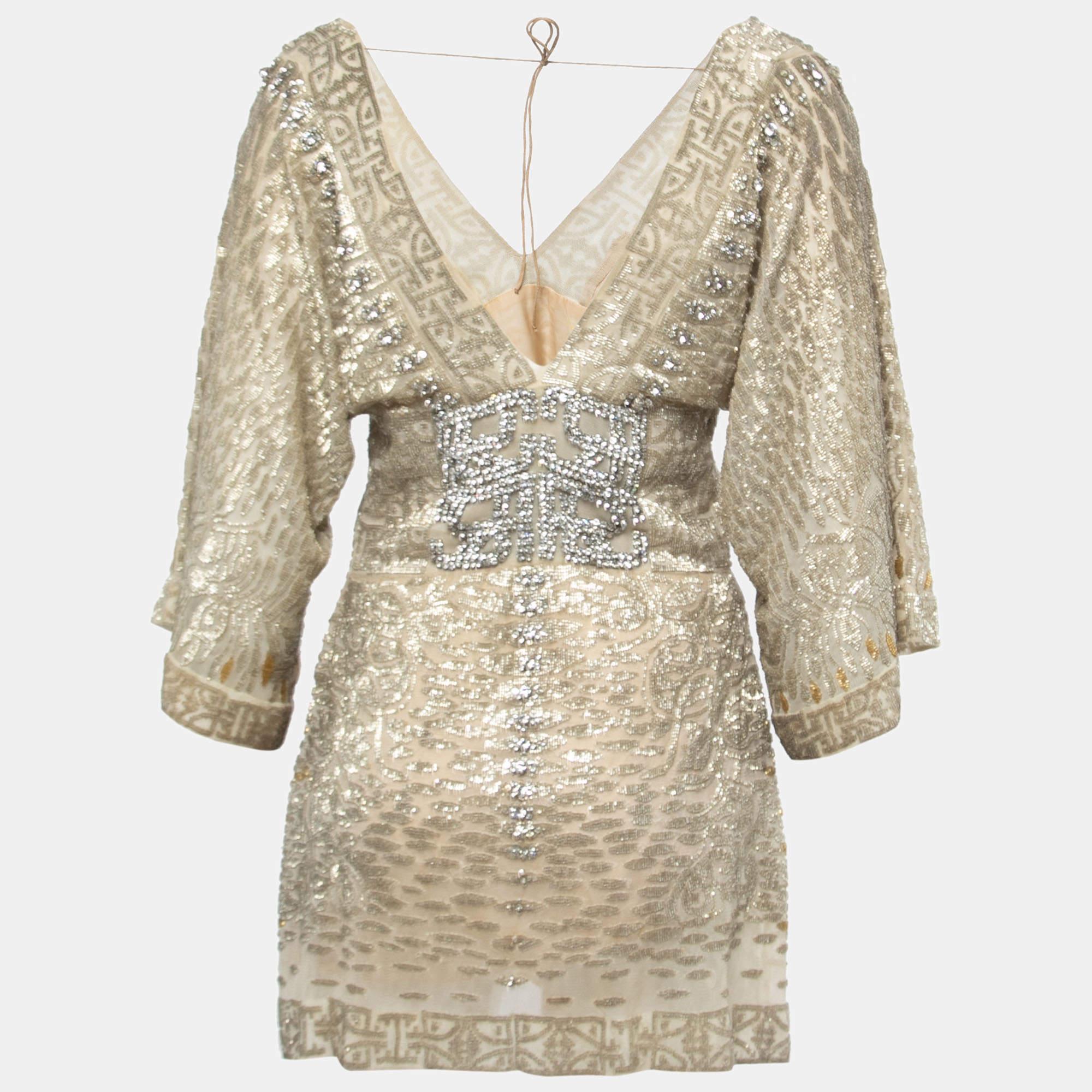 Roberto Cavalli Gold Embellished Silk Mini Dress S For Sale 2