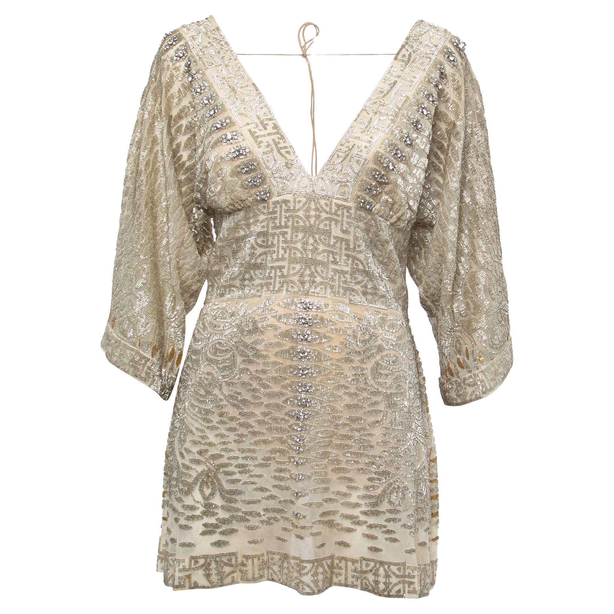 Roberto Cavalli Gold Embellished Silk Mini Dress S For Sale