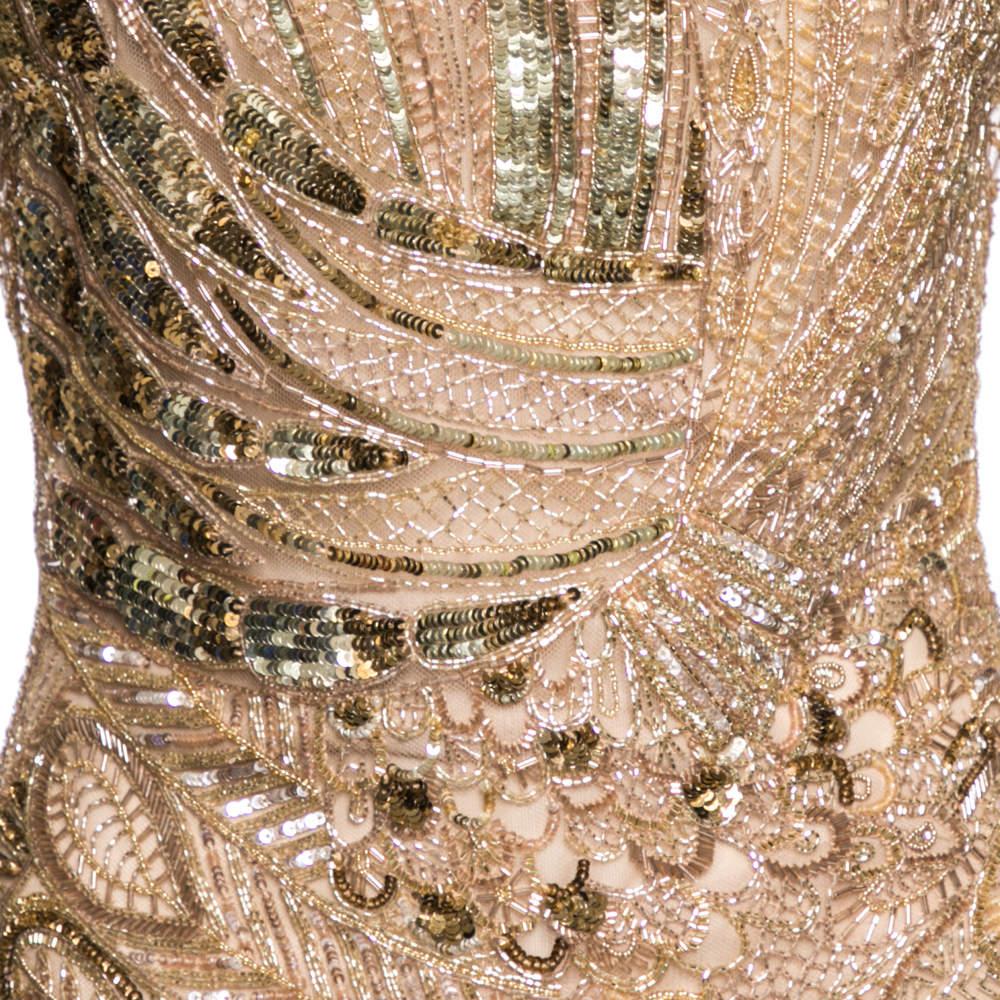 Roberto Cavalli Gold Embellished Tulle Long Sleeve Dress M In Excellent Condition For Sale In Dubai, Al Qouz 2