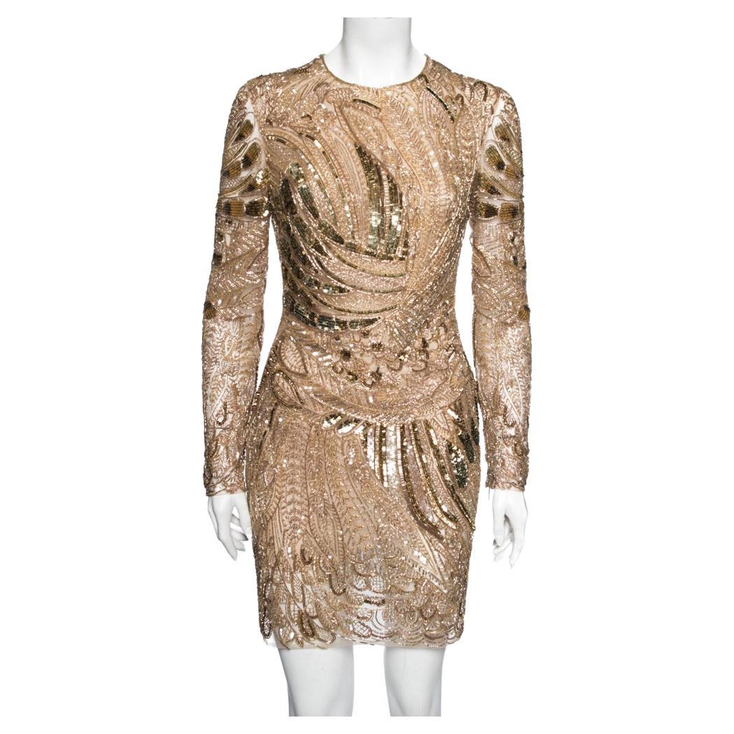 Roberto Cavalli Gold Embellished Tulle Long Sleeve Dress M For Sale