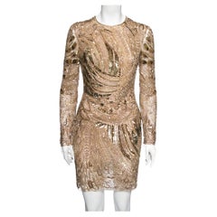 Used Roberto Cavalli Gold Embellished Tulle Long Sleeve Dress M