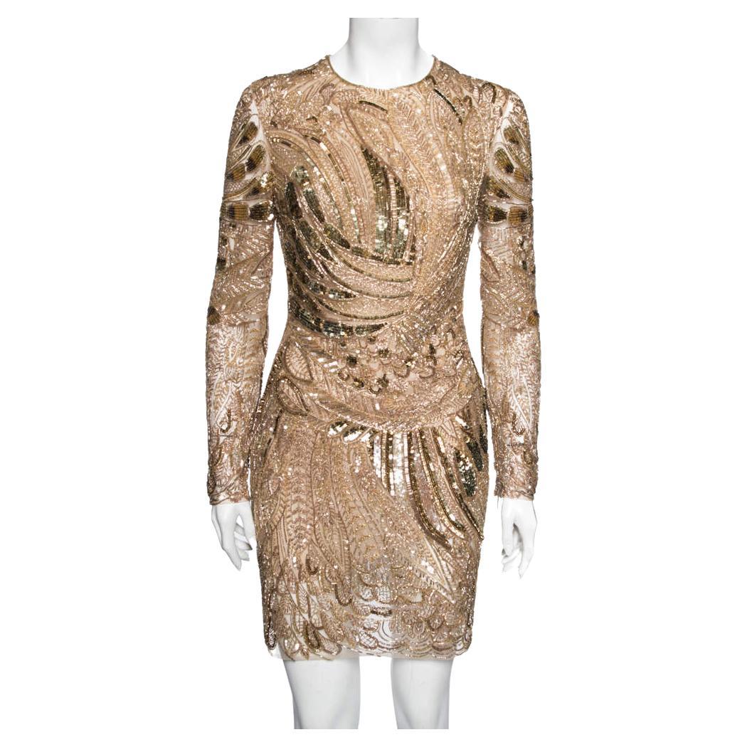 Roberto Cavalli Gold Embellished Tulle Long Sleeve Dress M
