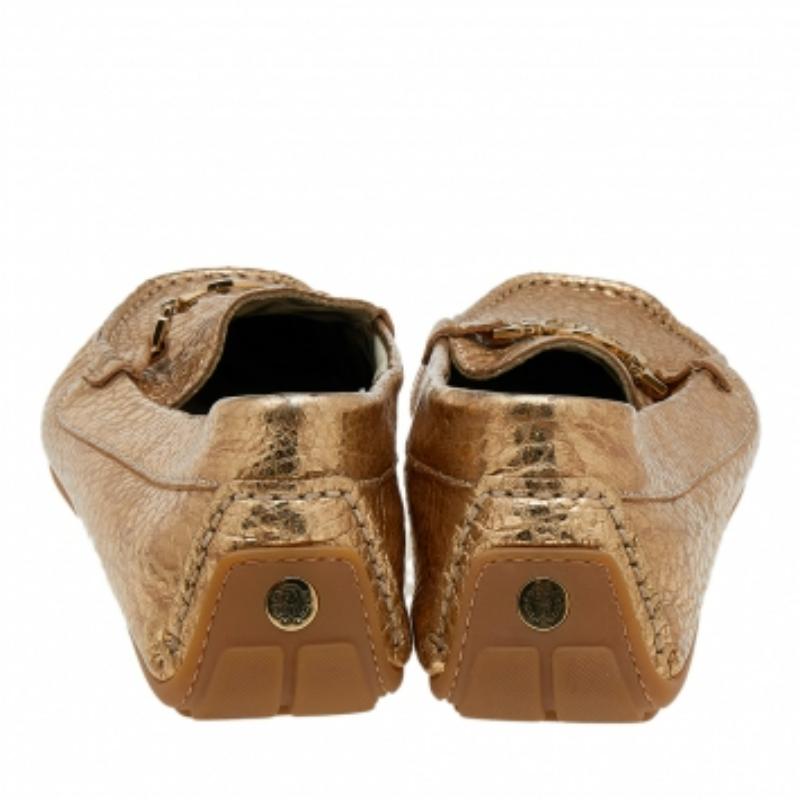 Brown Roberto Cavalli Gold Iridescent Effect Leather Slip On Loafers Size 39 For Sale