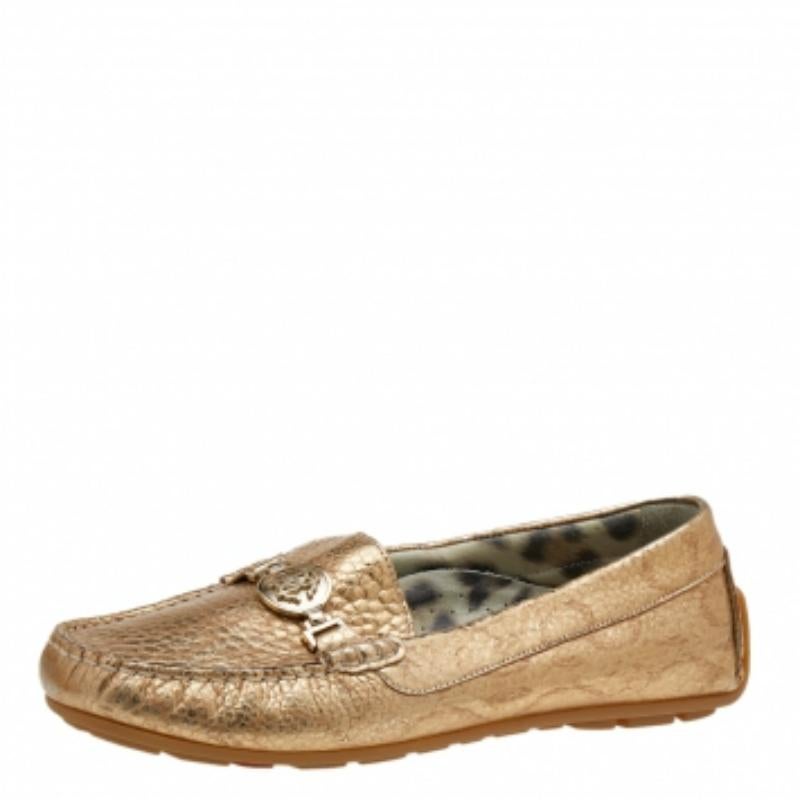 Roberto Cavalli Gold Iridescent Effect Leather Slip On Loafers Size 39 For Sale 1