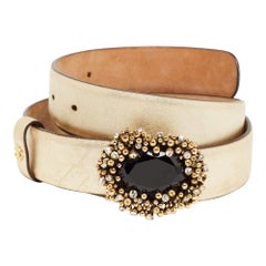Roberto Cavalli Gold Leather Crystal Embellished Buckle Belt 100 CM