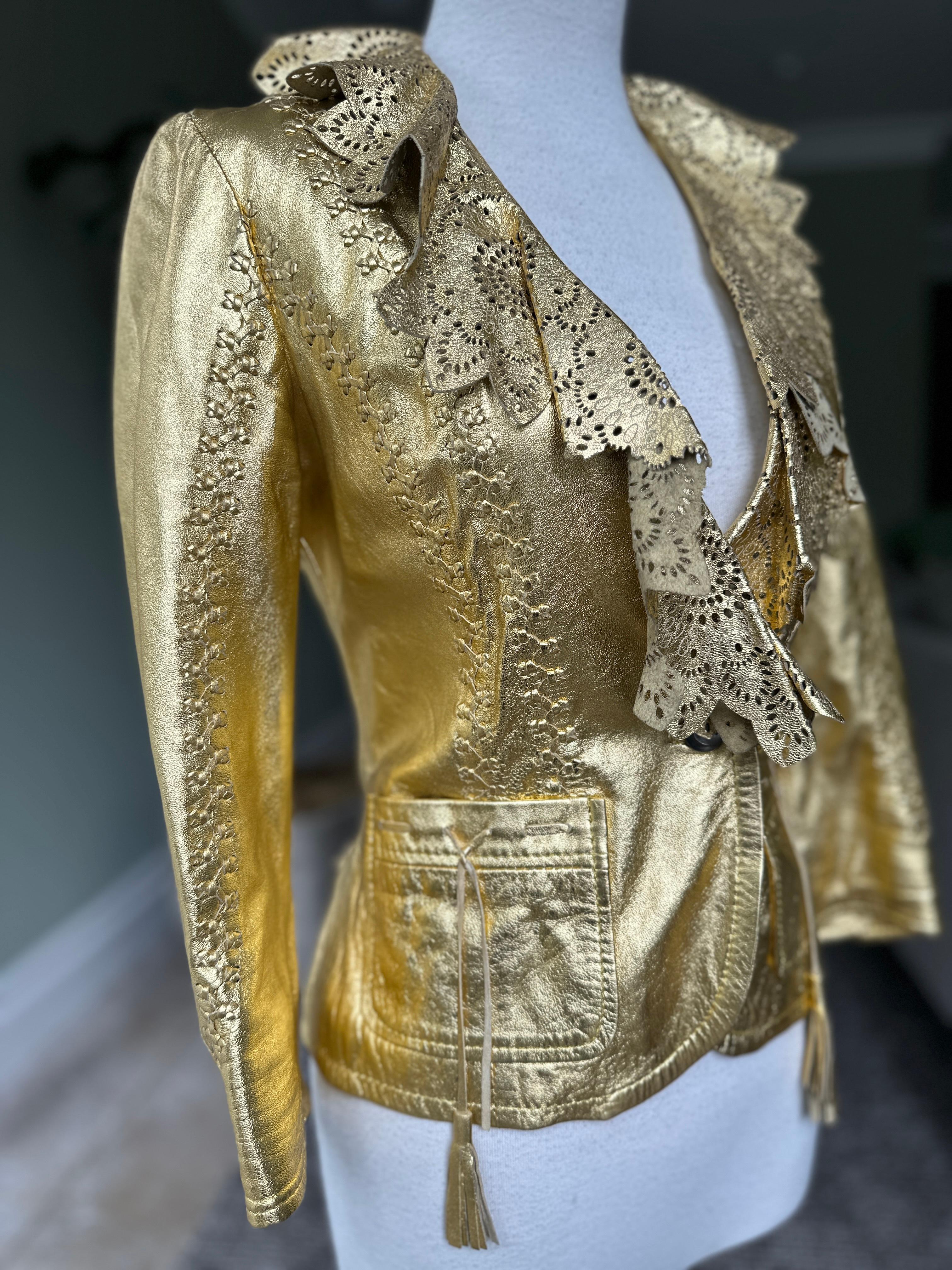 Roberto Cavalli Gold Leather Jacket w Whipstitch and Lace Details Just Cavalli For Sale 6