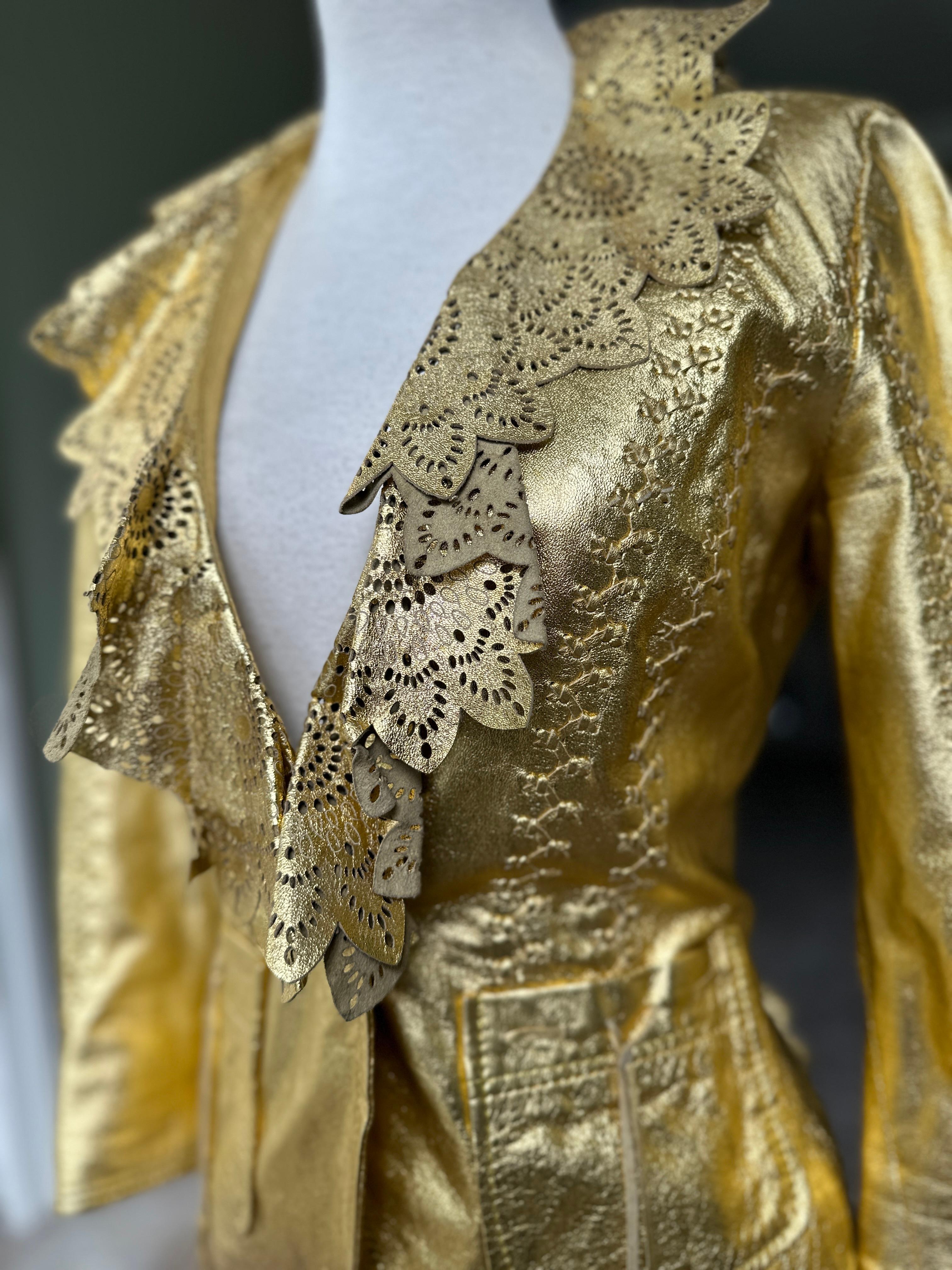 Roberto Cavalli Gold Leather Jacket w Whipstitch and Lace Details Just Cavalli For Sale 7