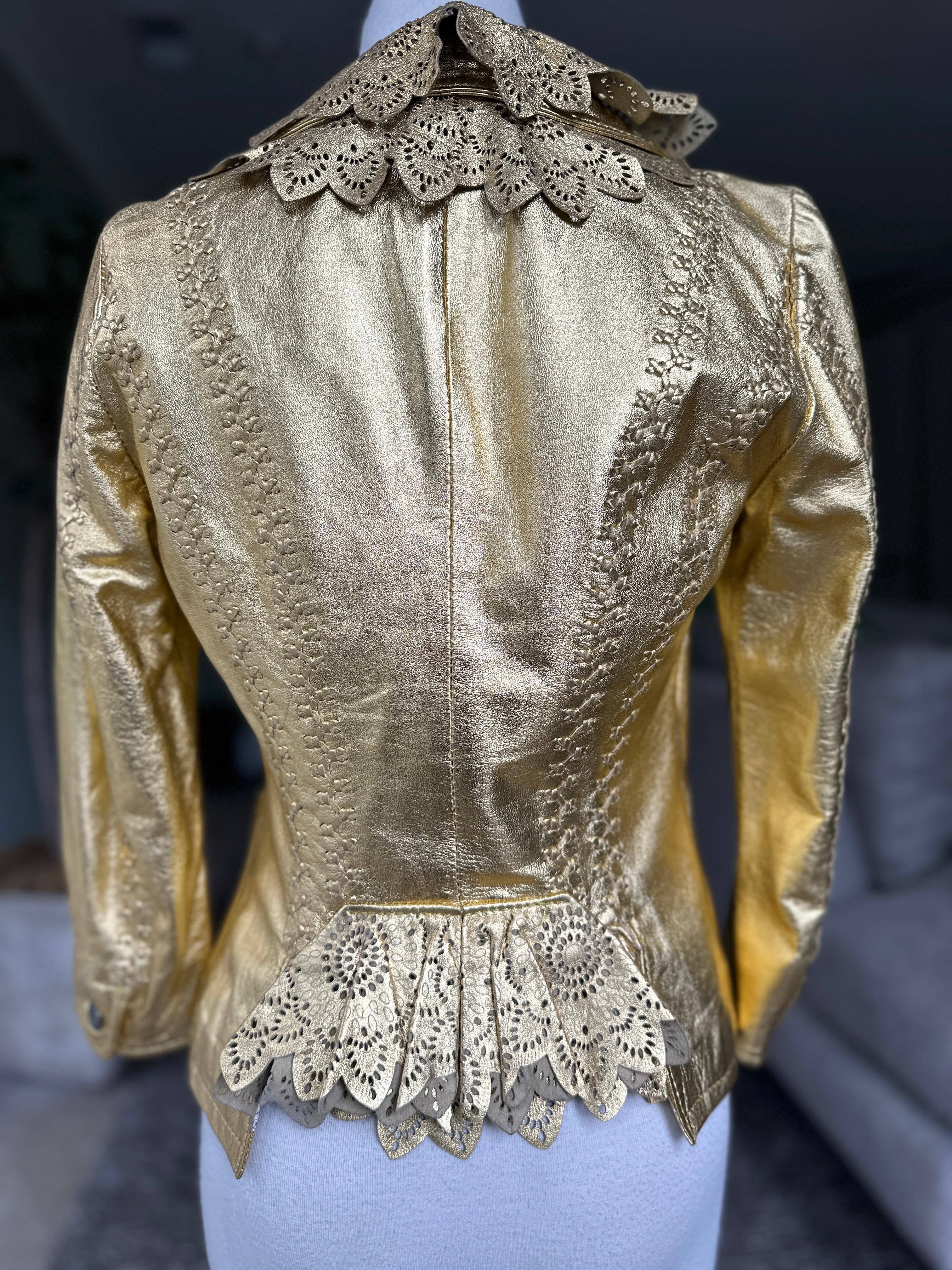 Roberto Cavalli Gold Leather Jacket w Whipstitch and Lace Details for Just Cavalli
Size XS
 Bust 35