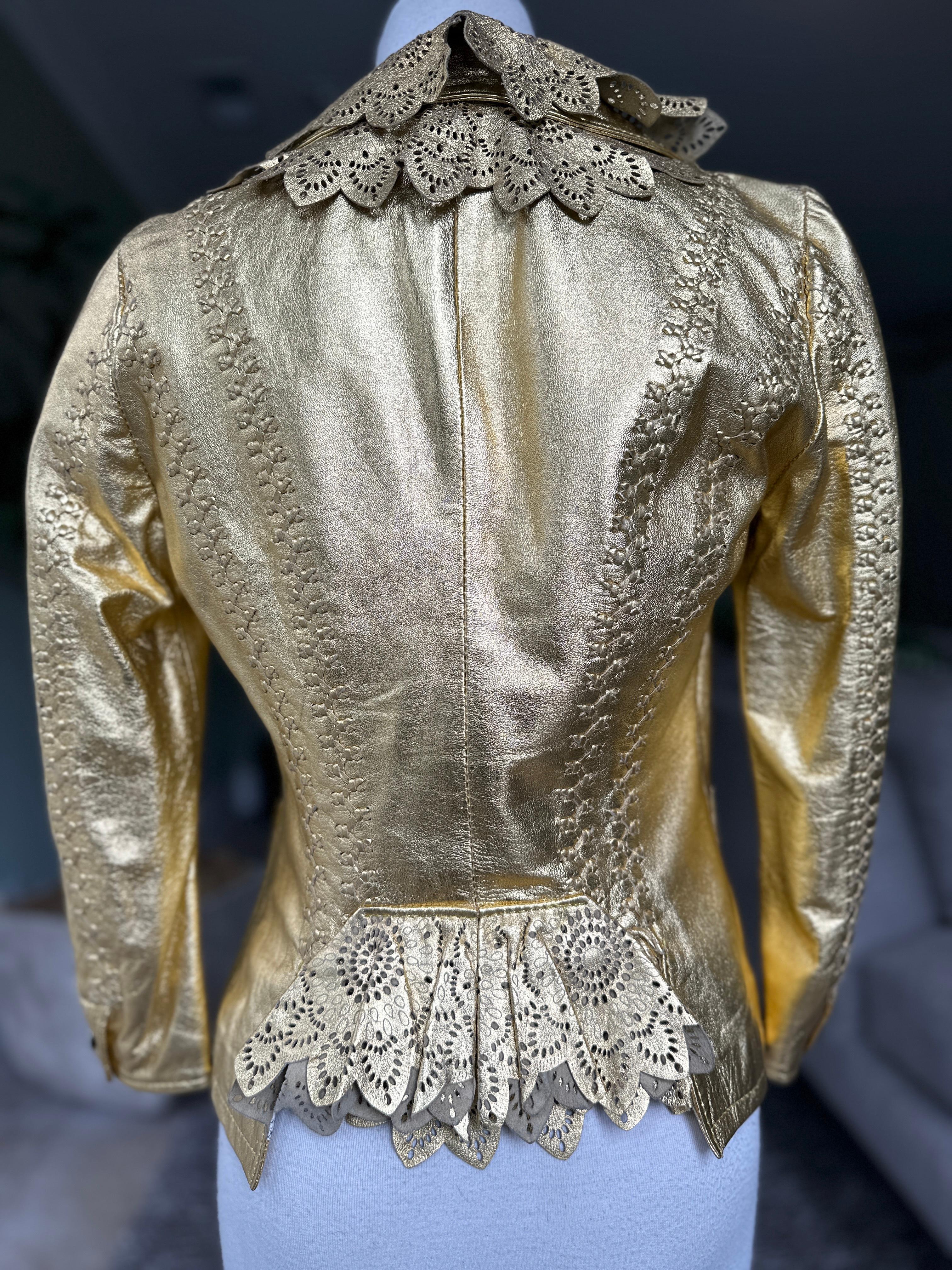 Roberto Cavalli Gold Leather Jacket w Whipstitch and Lace Details Just Cavalli In Excellent Condition For Sale In Cloverdale, CA