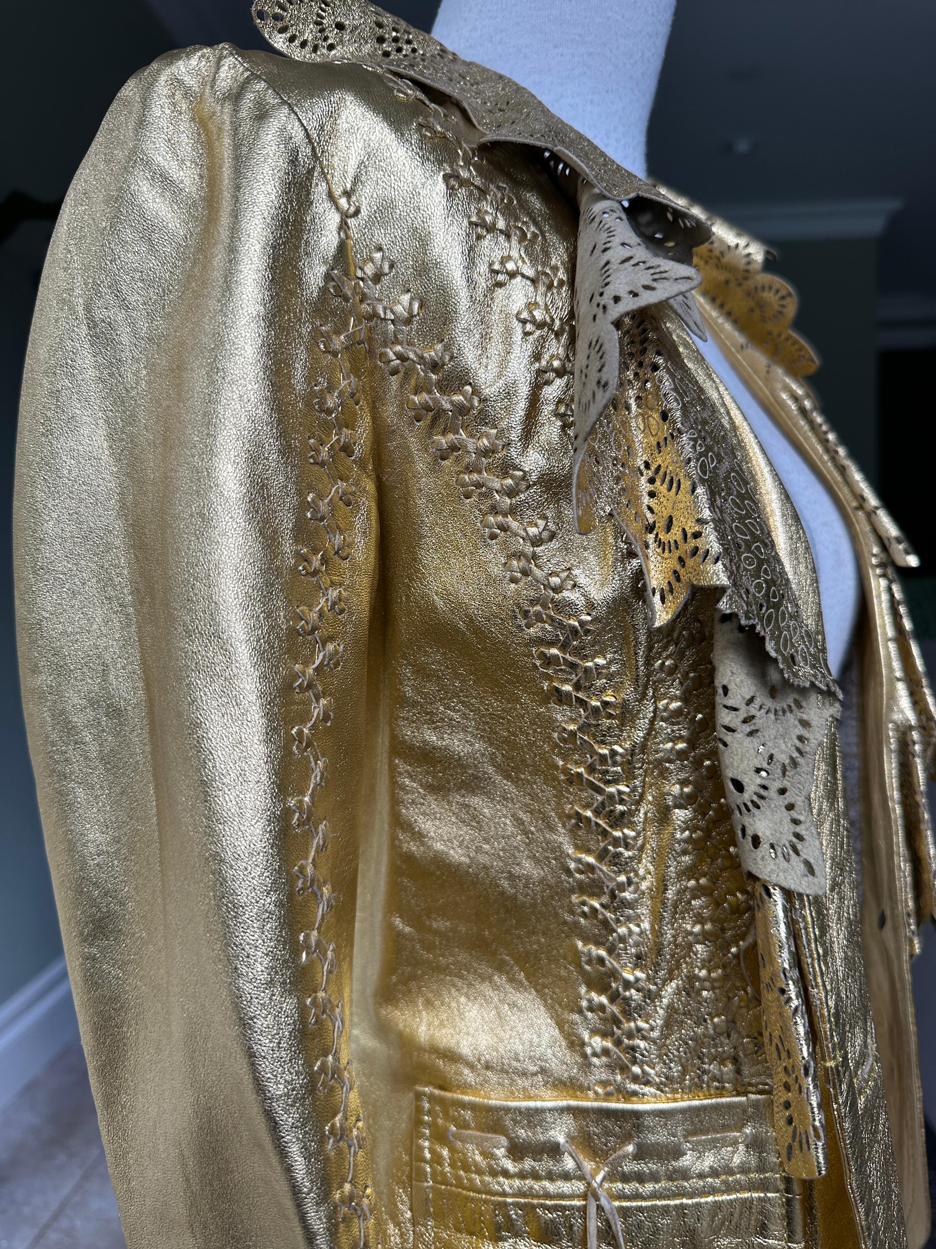 Roberto Cavalli Gold Leather Jacket w Whipstitch and Lace Details Just Cavalli For Sale 1