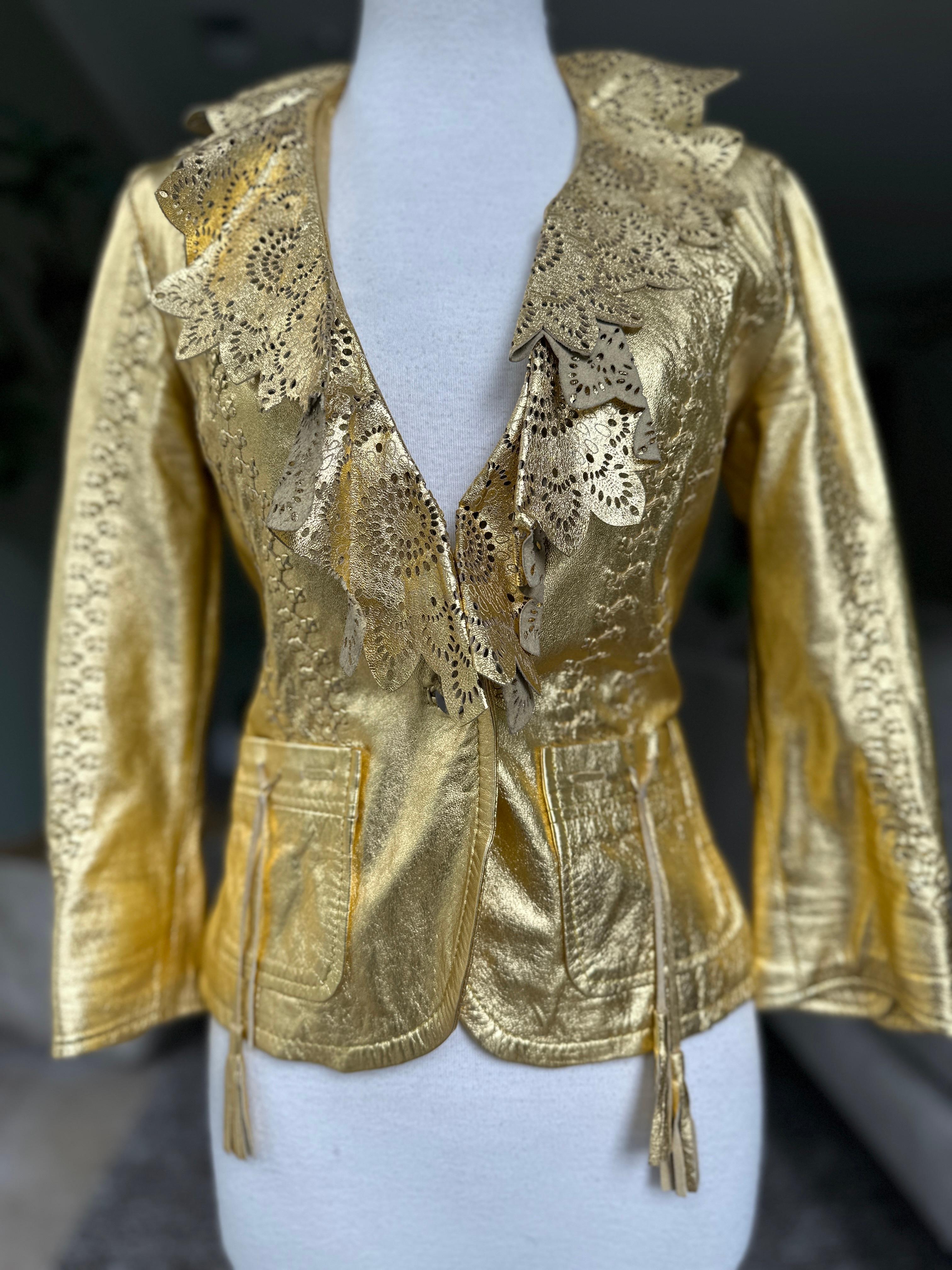Roberto Cavalli Gold Leather Jacket w Whipstitch and Lace Details Just Cavalli For Sale 2