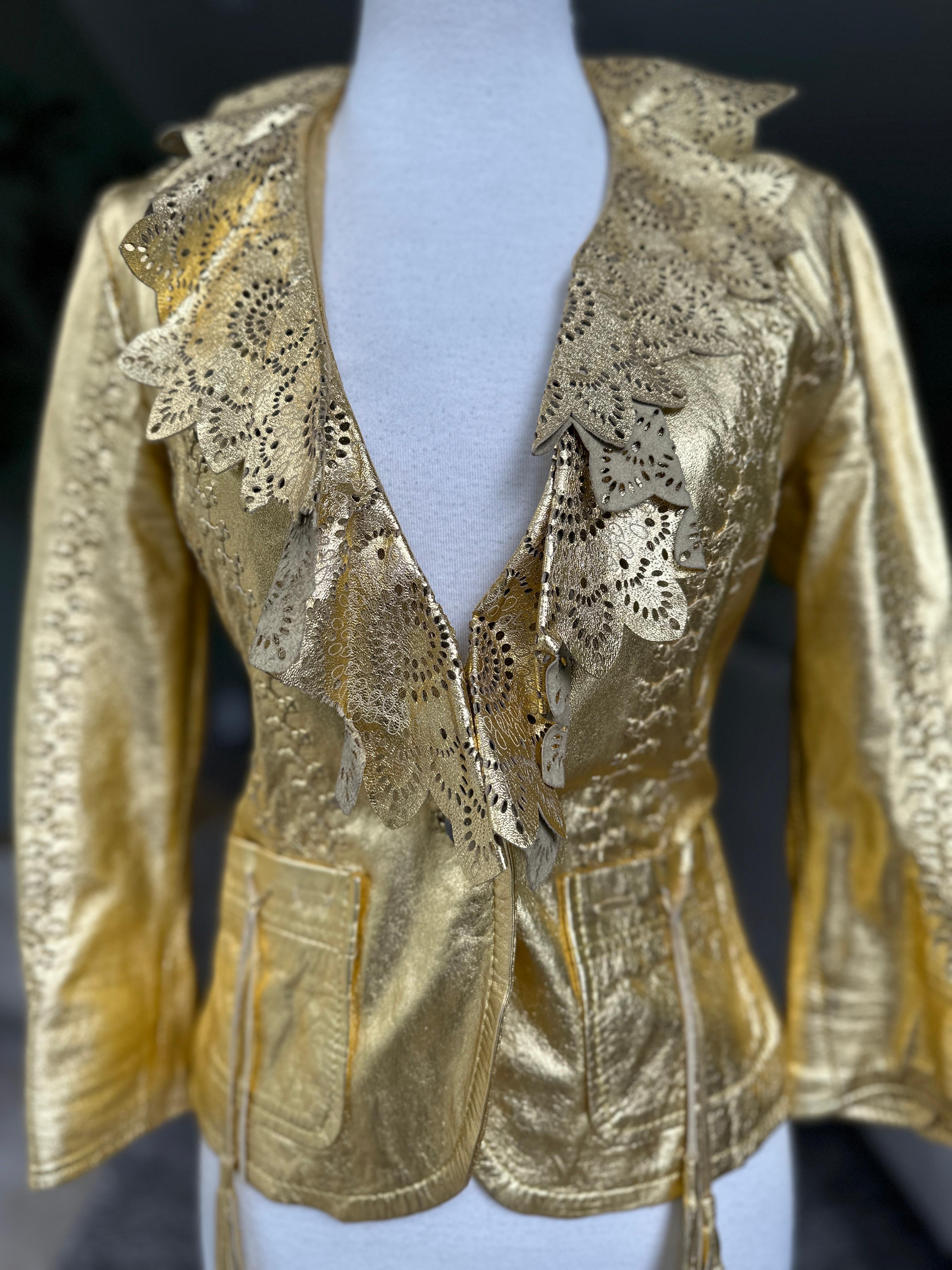 Roberto Cavalli Gold Leather Jacket w Whipstitch and Lace Details Just Cavalli For Sale 3