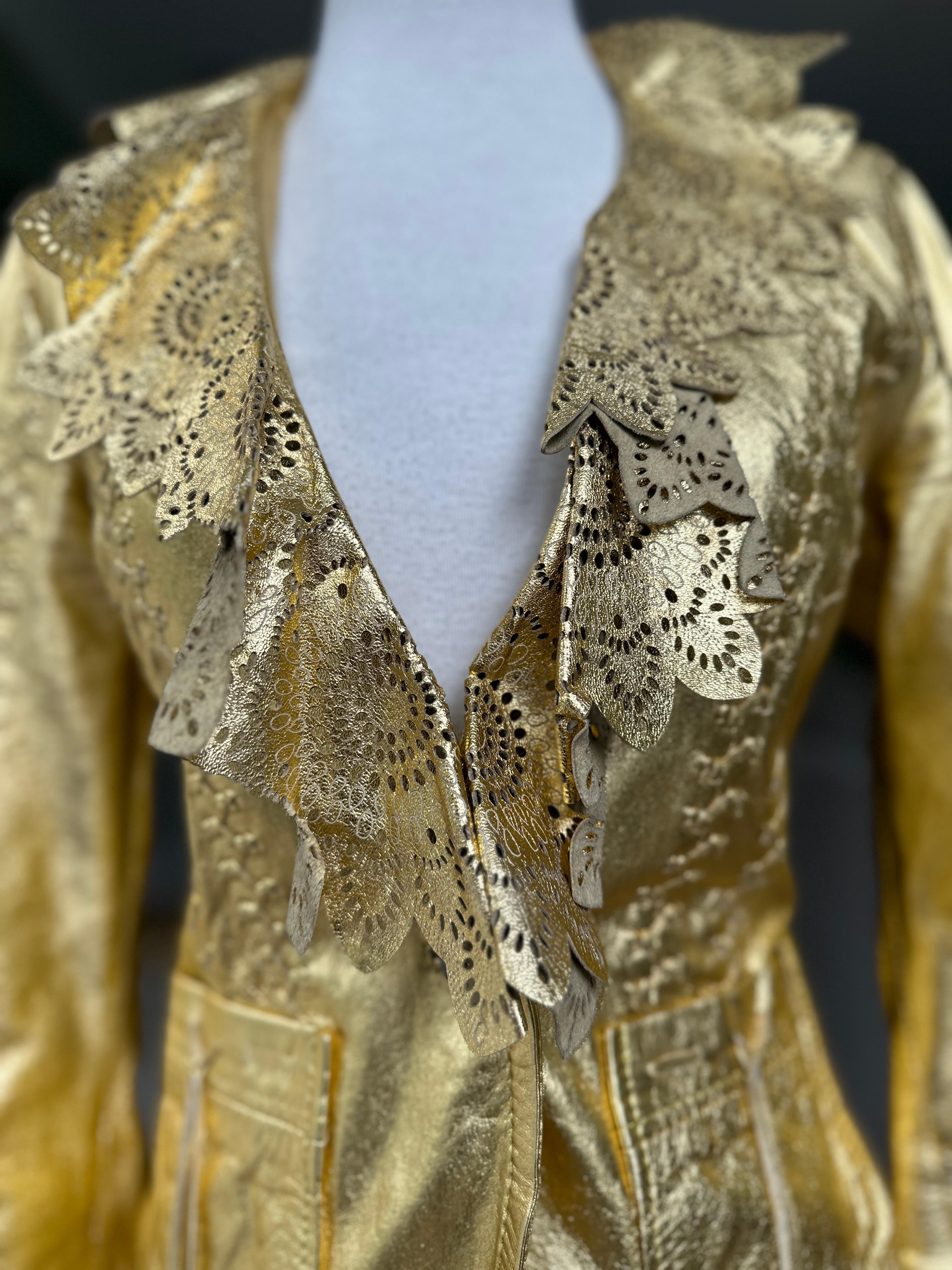 Roberto Cavalli Gold Leather Jacket w Whipstitch and Lace Details Just Cavalli For Sale 4