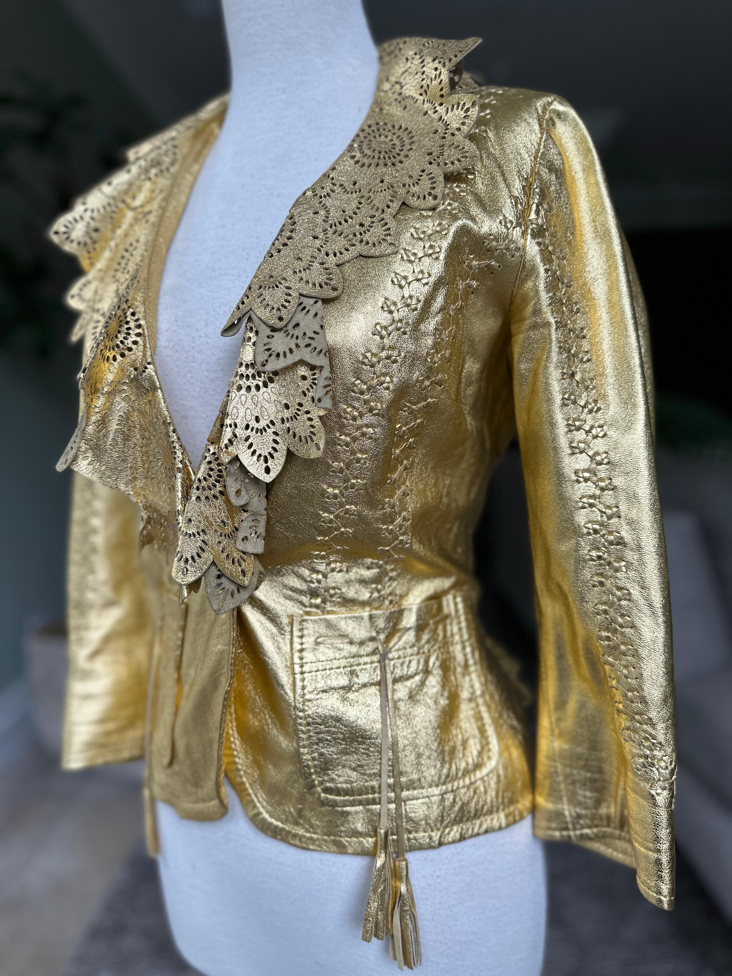 Roberto Cavalli Gold Leather Jacket w Whipstitch and Lace Details Just Cavalli For Sale 5