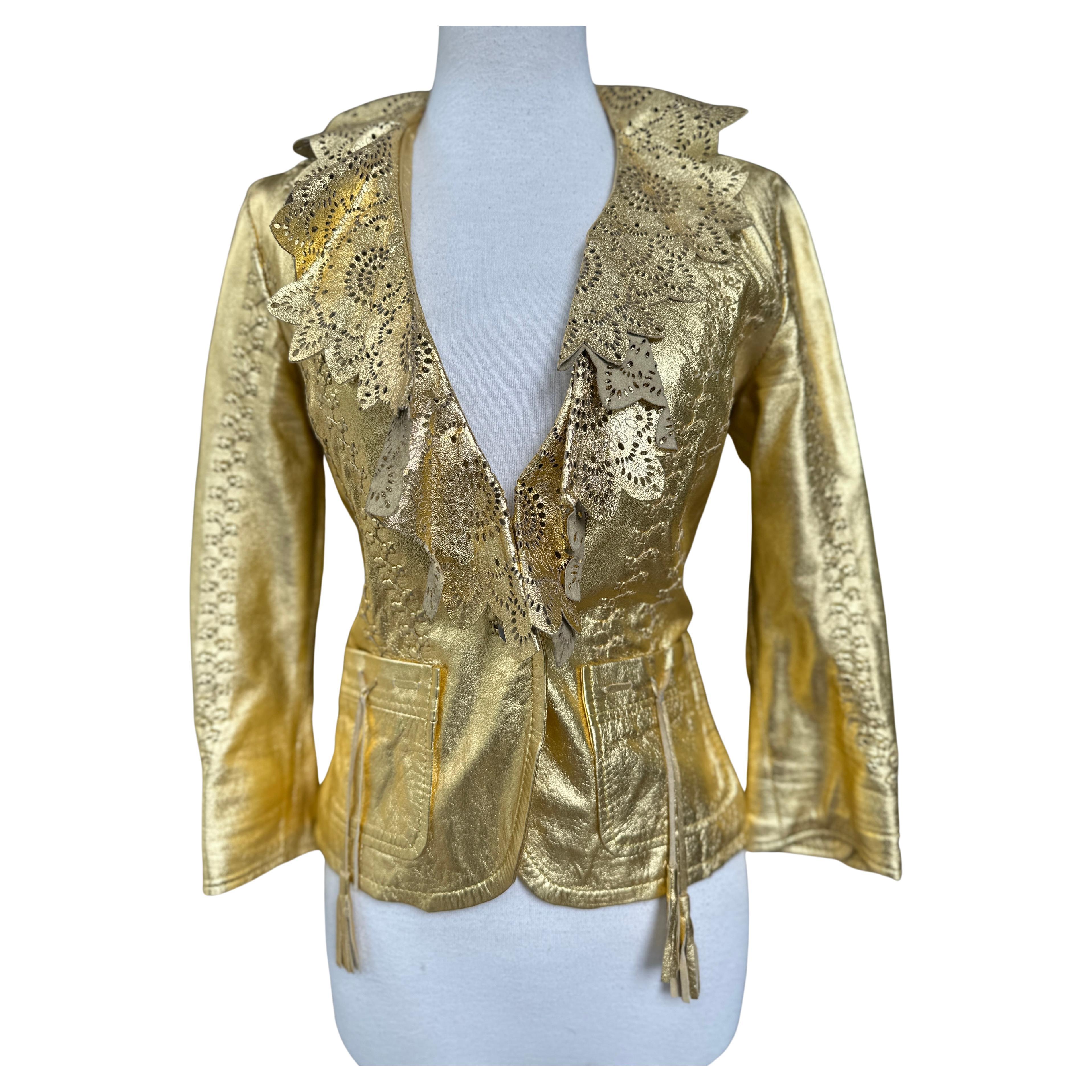 Roberto Cavalli Gold Leather Jacket w Whipstitch and Lace Details Just Cavalli