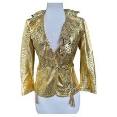 Roberto Cavalli Gold Leather Jacket w Whipstitch and Lace Details Just Cavalli