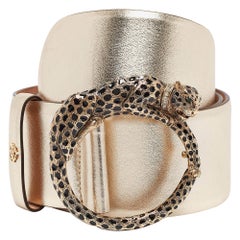 Roberto Cavalli Gold Leather Panther Round Buckle Belt 90CM