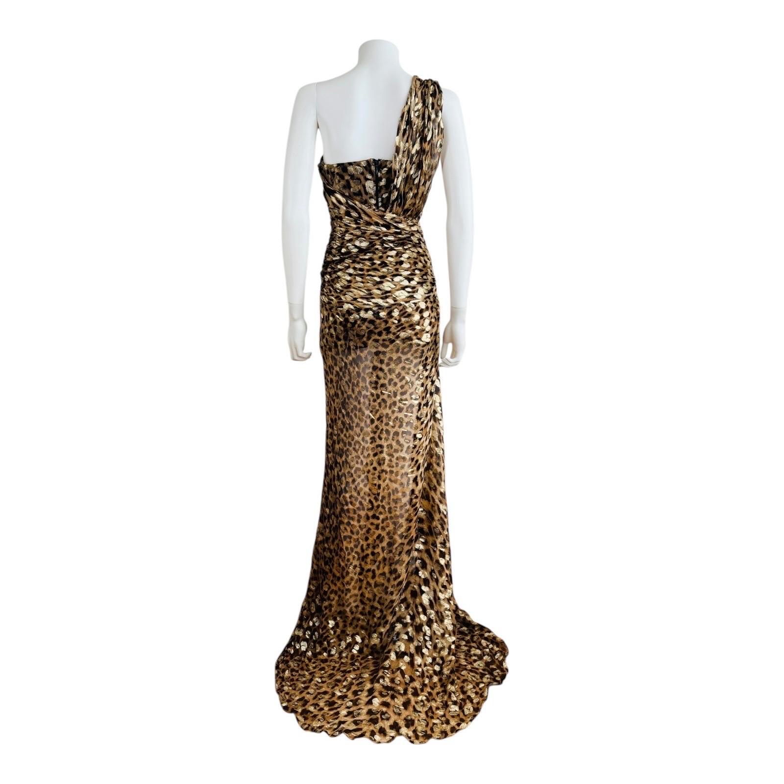Roberto Cavalli Maxi abito in lurex oro con stampa leopardata e animalier Velluto in vendita 6