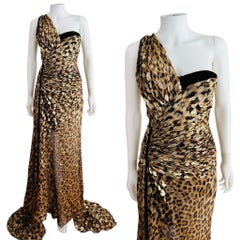 Roberto Cavalli Gold Lurex Leopard Animal Print Maxi Dress Gown Velvet