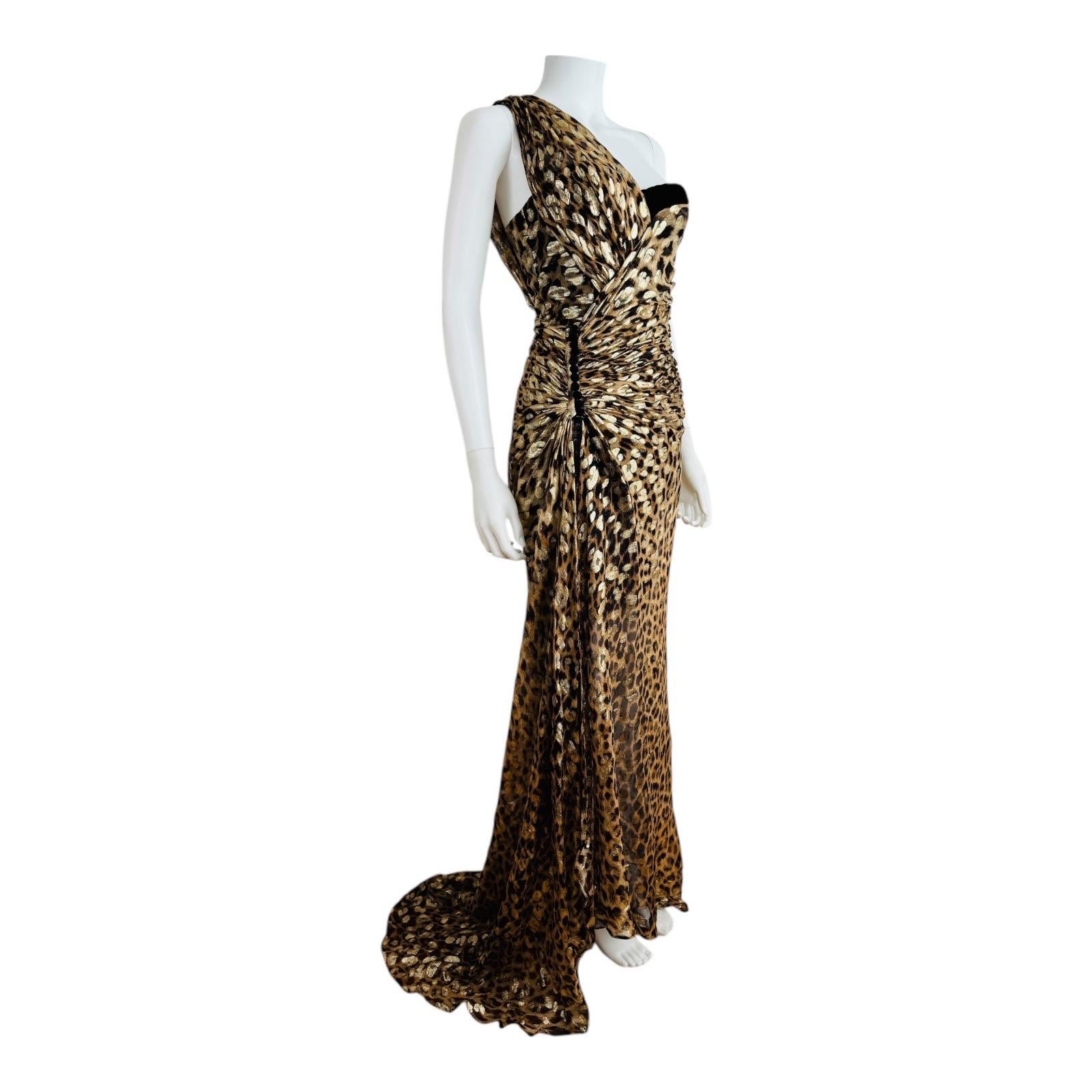 Donna Roberto Cavalli Maxi abito in lurex oro con stampa leopardata e animalier Velluto in vendita