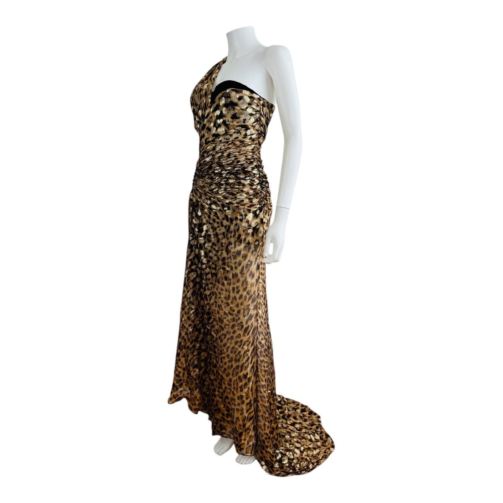 Roberto Cavalli Maxi abito in lurex oro con stampa leopardata e animalier Velluto in vendita 4