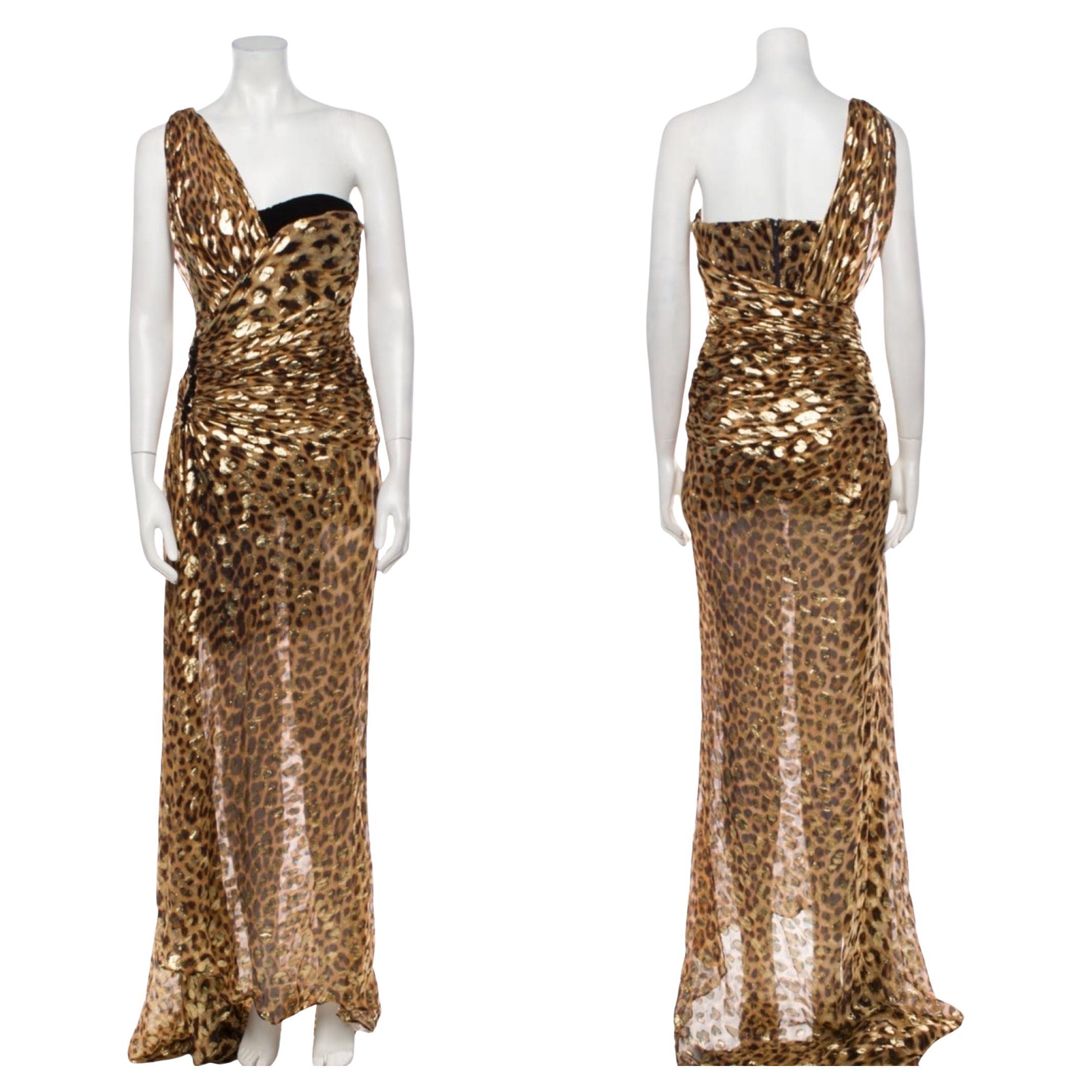 Roberto Cavalli Maxi abito in lurex oro con stampa leopardata e animalier Velluto in vendita