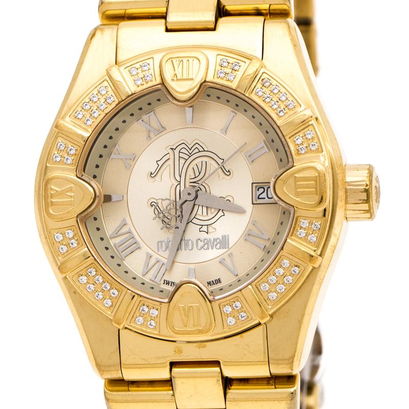 This exquisite Roberto Cavalli watch has been perfectly crafted for glitzy occasions. Made from gold-plated stainless steel with sapphire crystal glass, the watch houses a dial with silver Roman numeral hour indicators, three hands and a date window