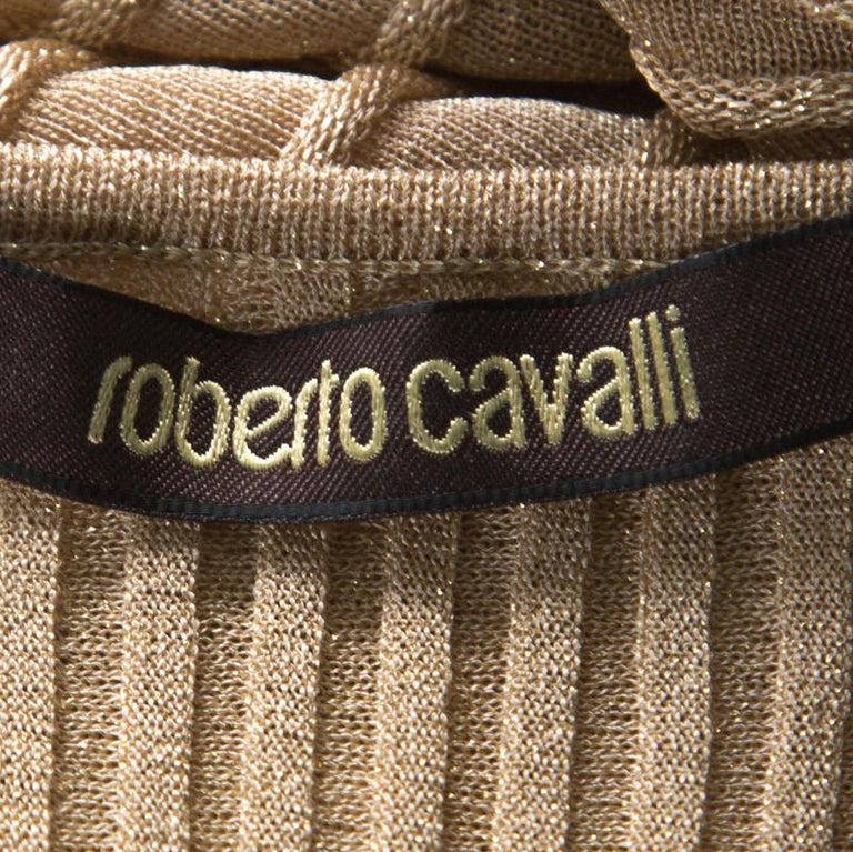 Roberto Cavalli Gold Rib Lurex Knit Waist Cut Out Detail Evening Dress ...