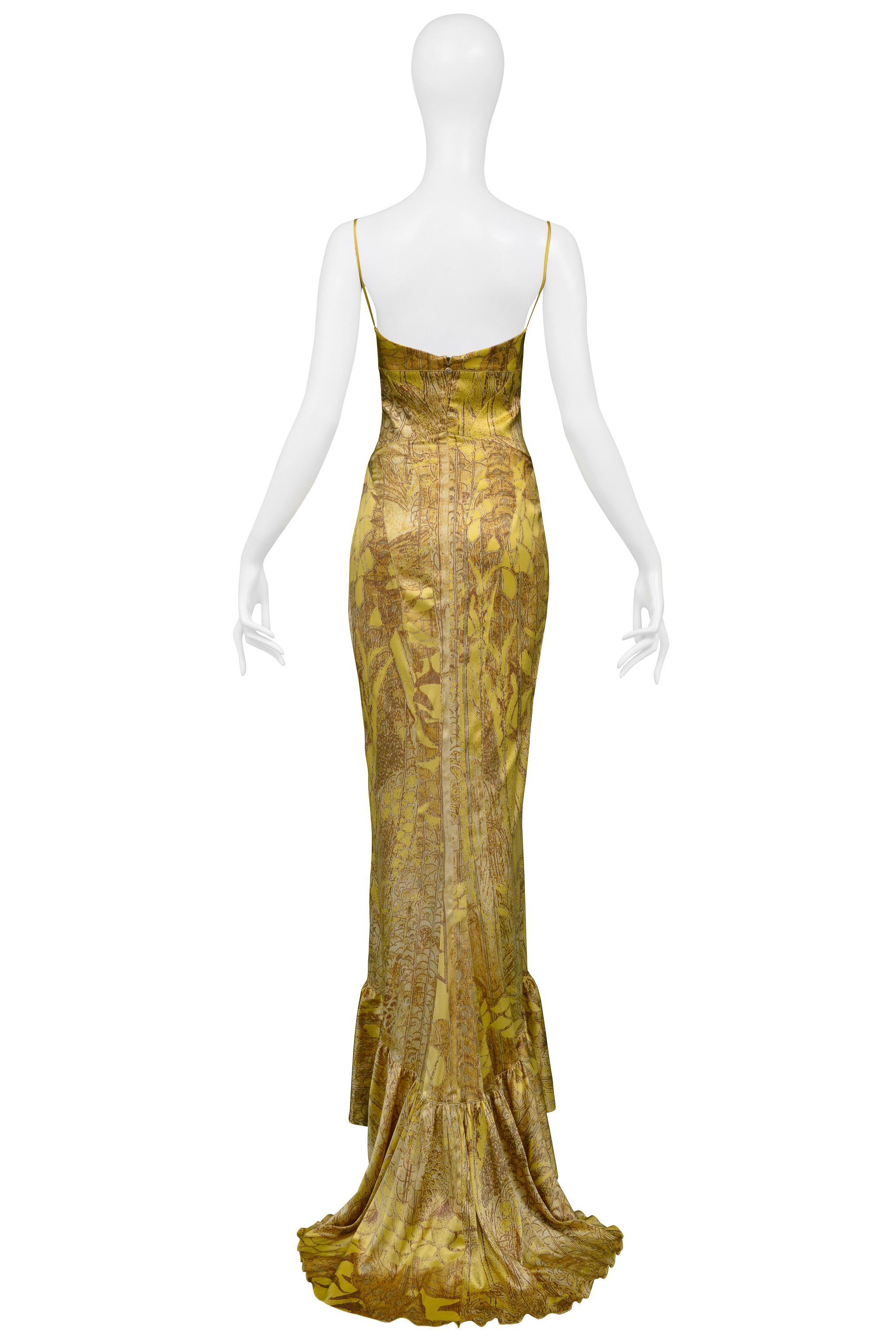 Roberto Cavalli Vestido corpiño de satén dorado con cola 1