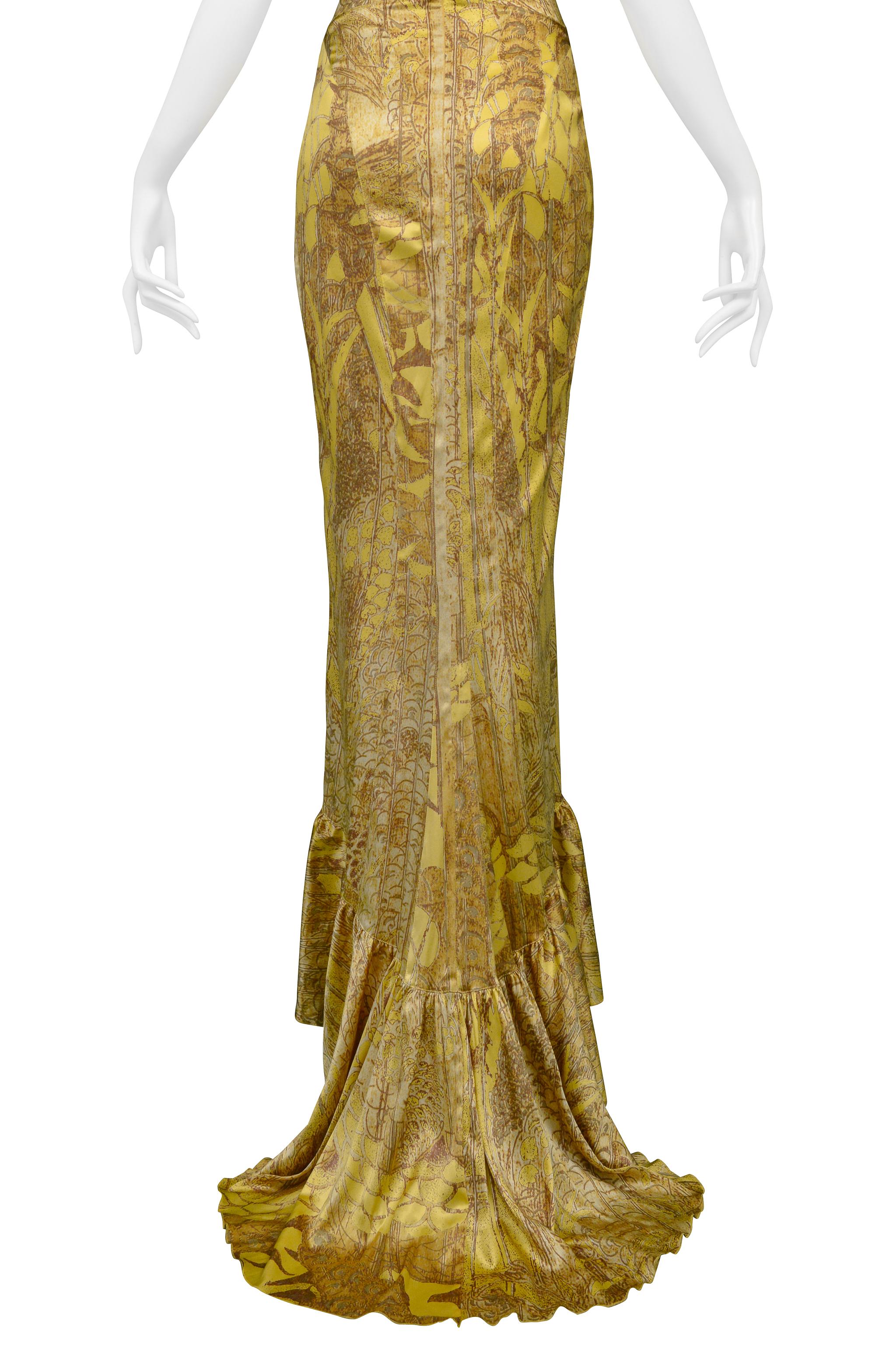 Roberto Cavalli Vestido corpiño de satén dorado con cola 2